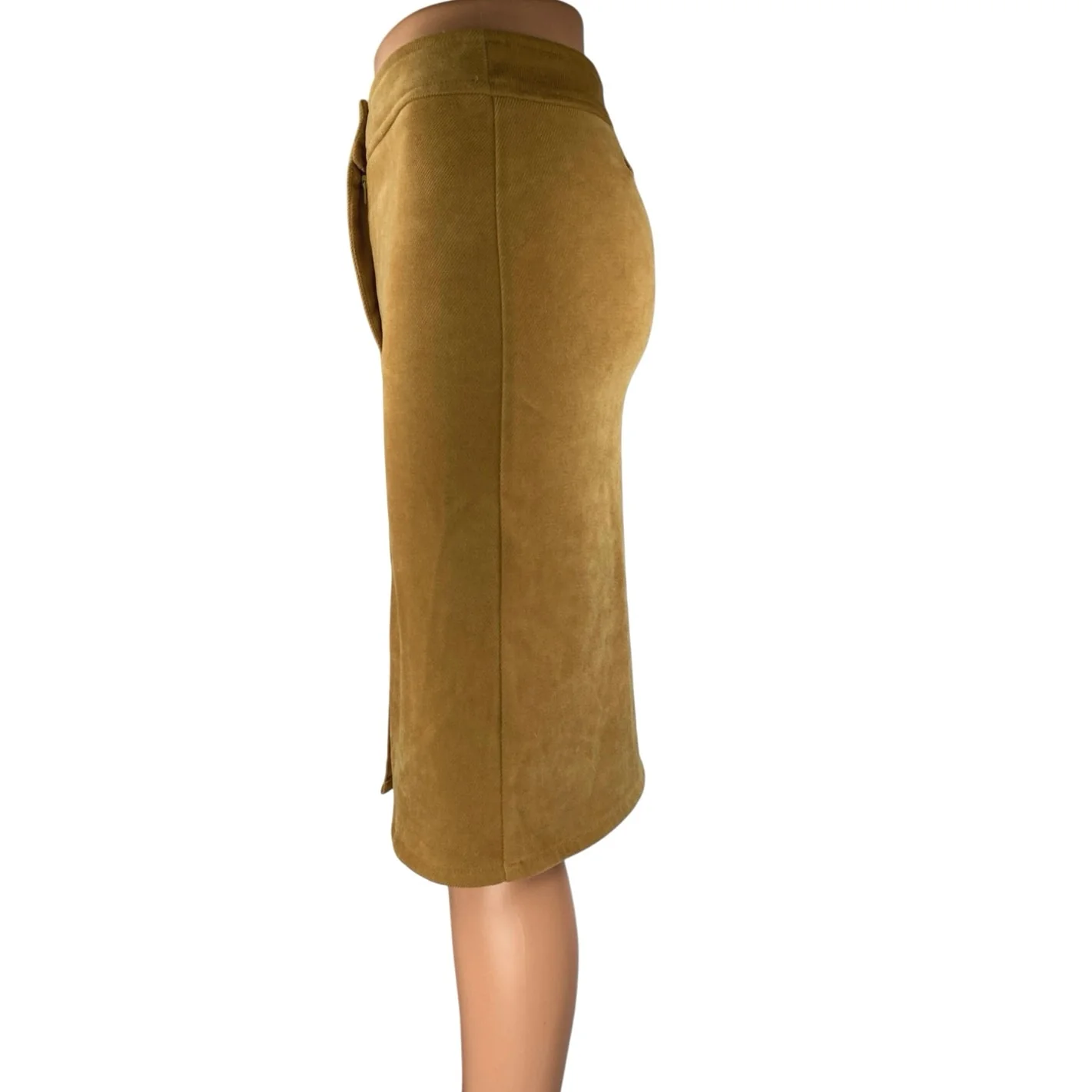 Plum Women's Brown Gold Faux Suede Zipper Slit Knee Length Pencil Skirt Size S - Image 2