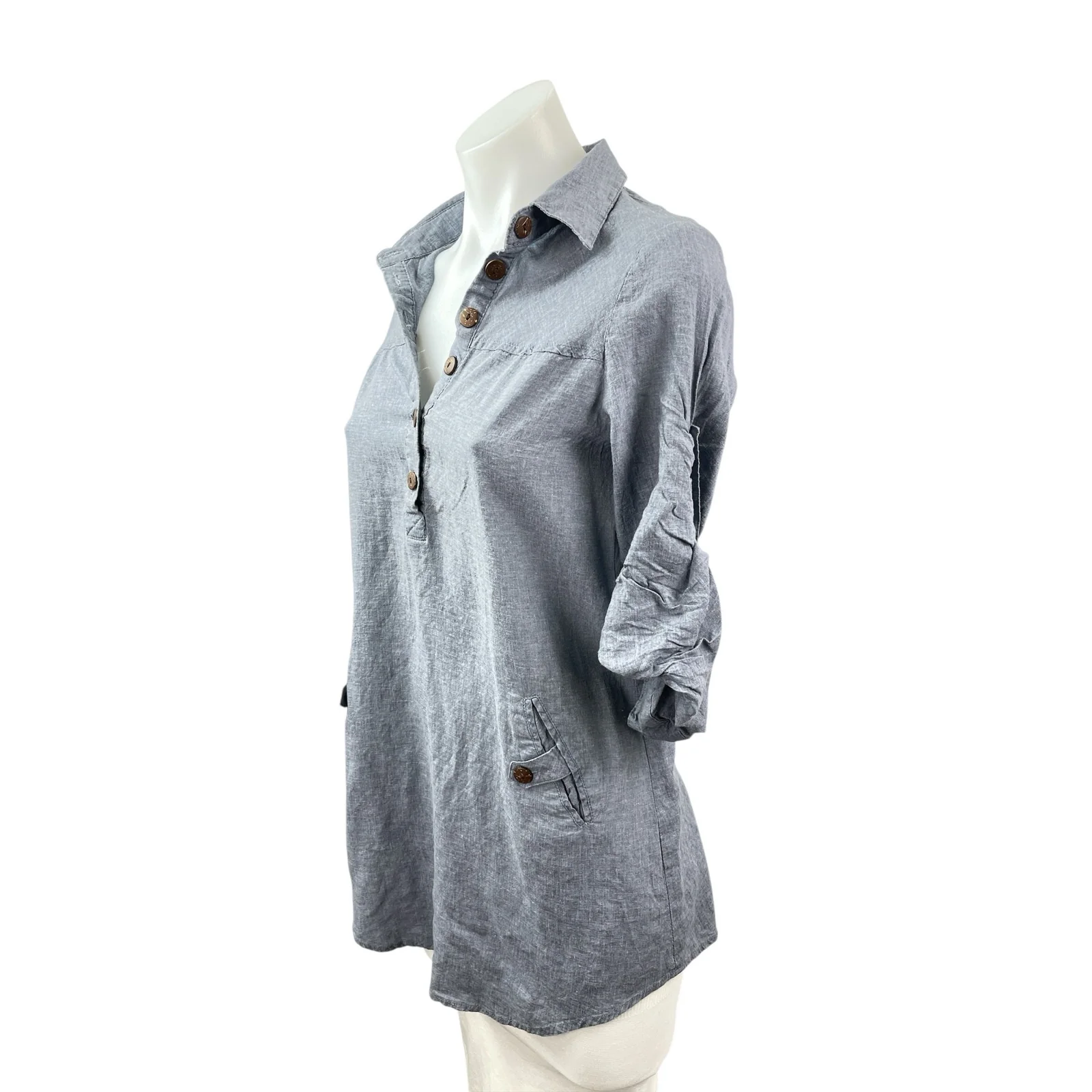 Poetry Women's Gray Linen Half Sleeve Button Front Collared Henley Shirt Top M - Image 3