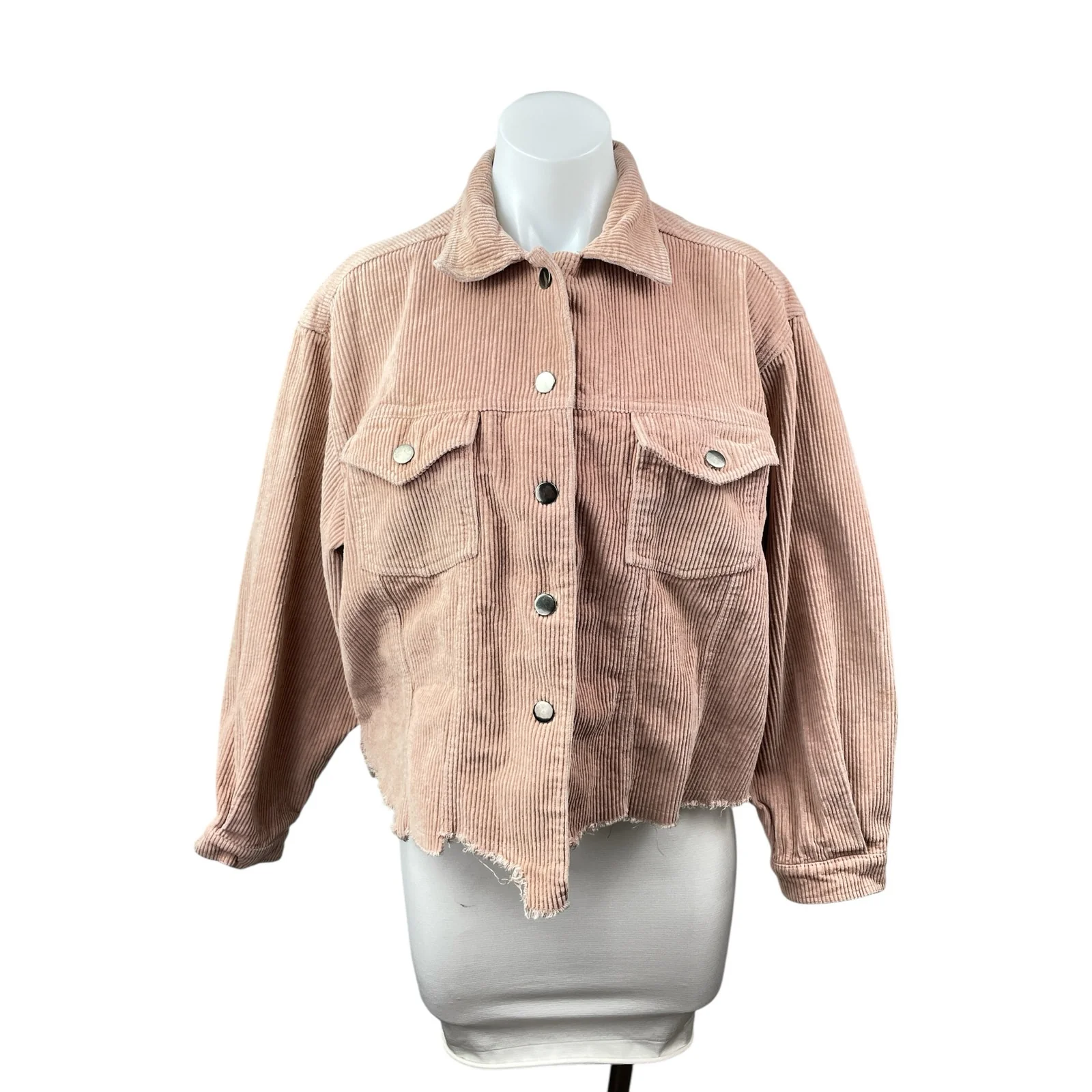 POL Women's Pink Corduroy Long Sleeve Cropped Pocket Button Down Jacket Size M