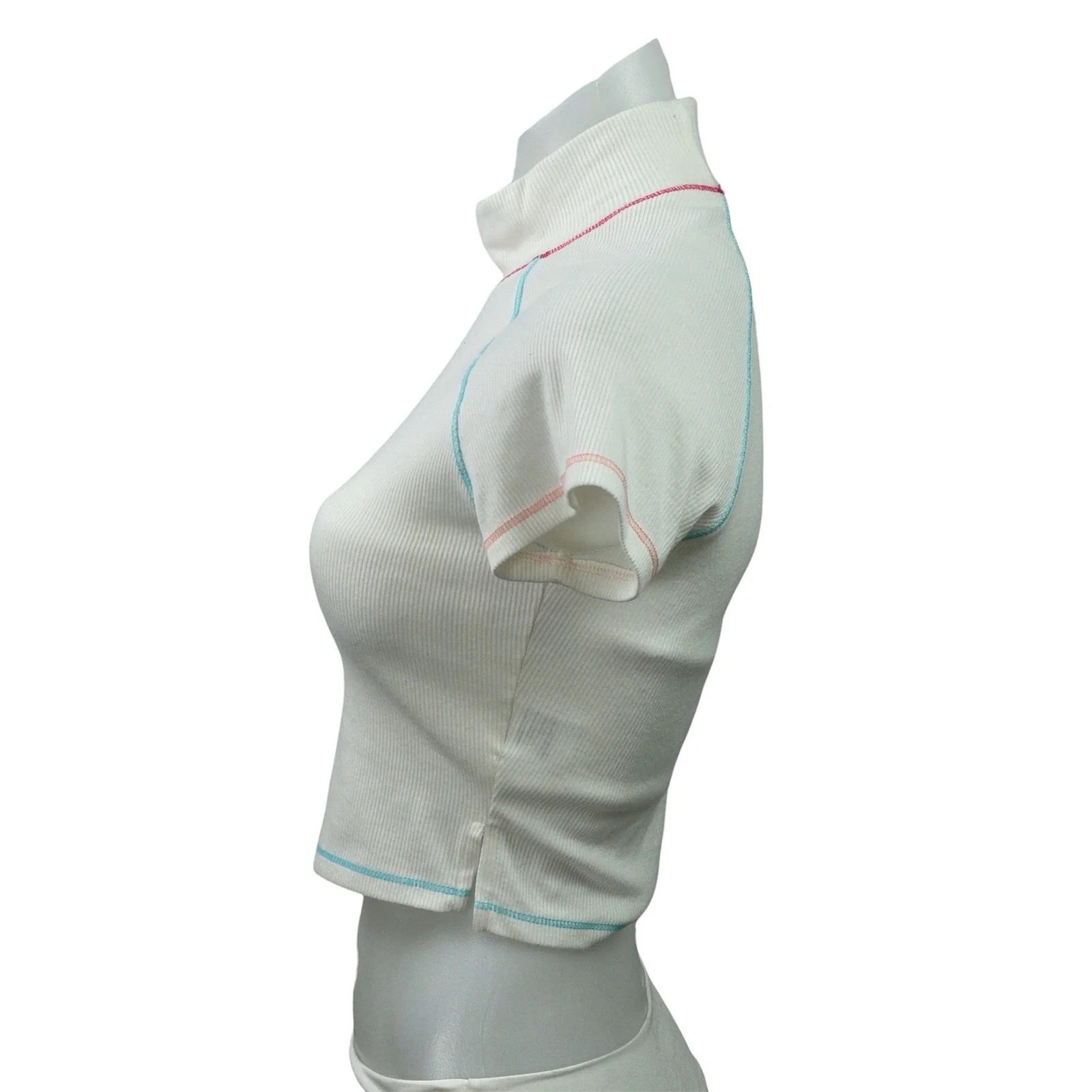 Polly Women's White Mock Neck Ribbed Knit Short Sleeve T Shirt Crop Top Size 6 - Image 2