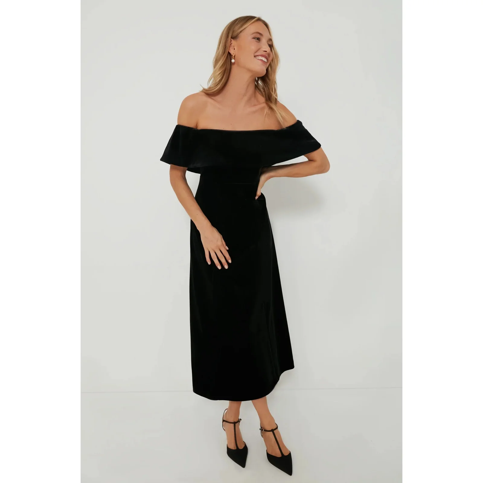 Pomander Place Black Elise Off Shoulder Velvet Velour Midi Cocktail Dress Size L - Image 3