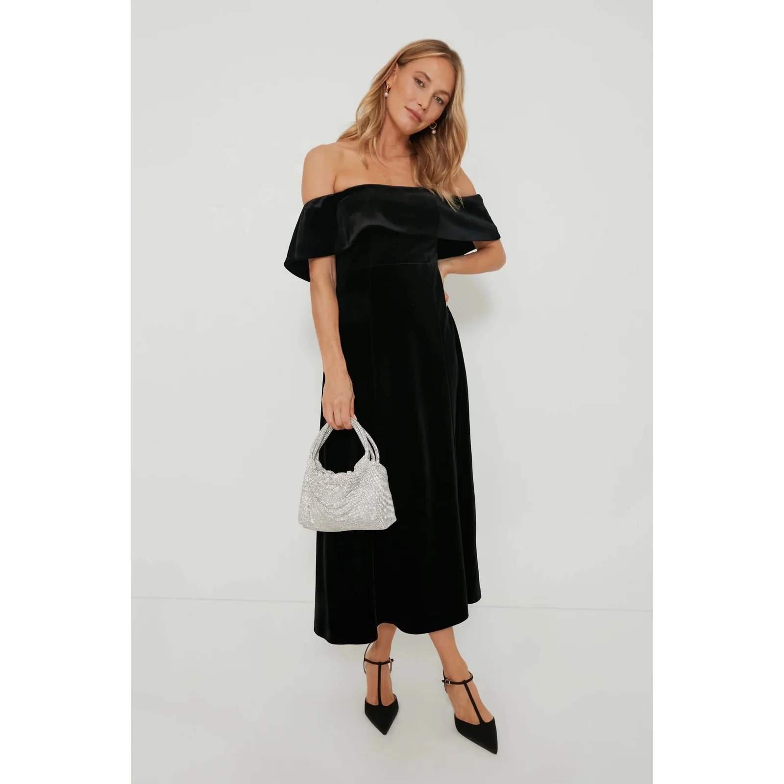 Pomander Place Black Elise Off Shoulder Velvet Velour Midi Cocktail Dress Size L - Image 4