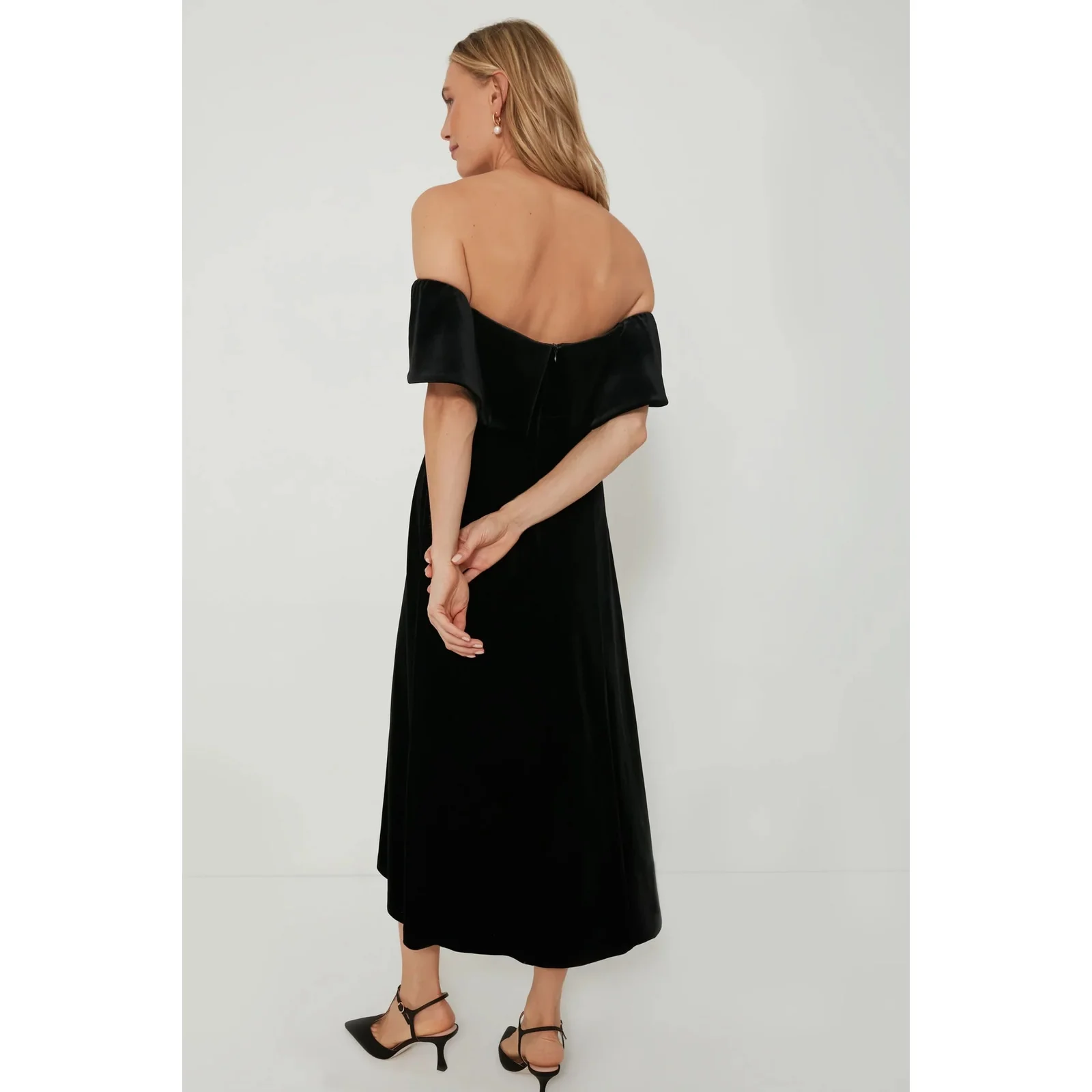 Pomander Place Black Elise Off Shoulder Velvet Velour Midi Cocktail Dress Size L - Image 5
