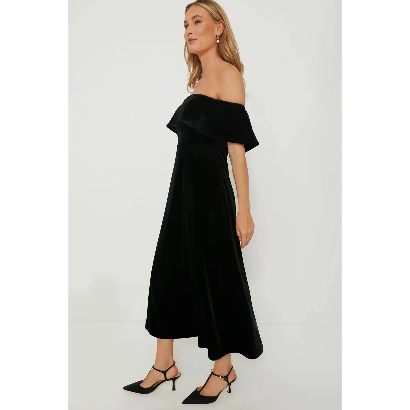 Pomander Place Black Elise Off Shoulder Velvet Velour Midi Cocktail Dress Size L - Image 7
