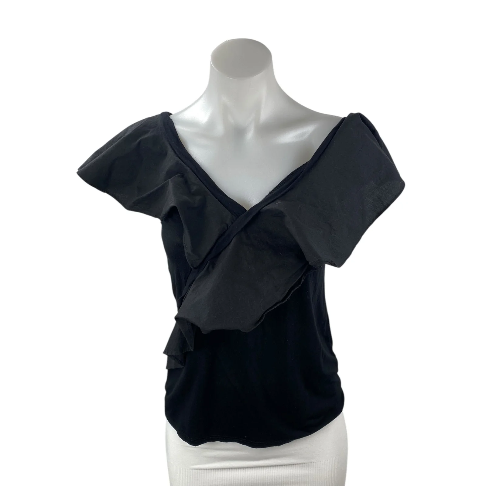 Pookie & Sebastian Womens Black Ruffle Sleeve Faux Wrap V Neck Blouse Top Size S
