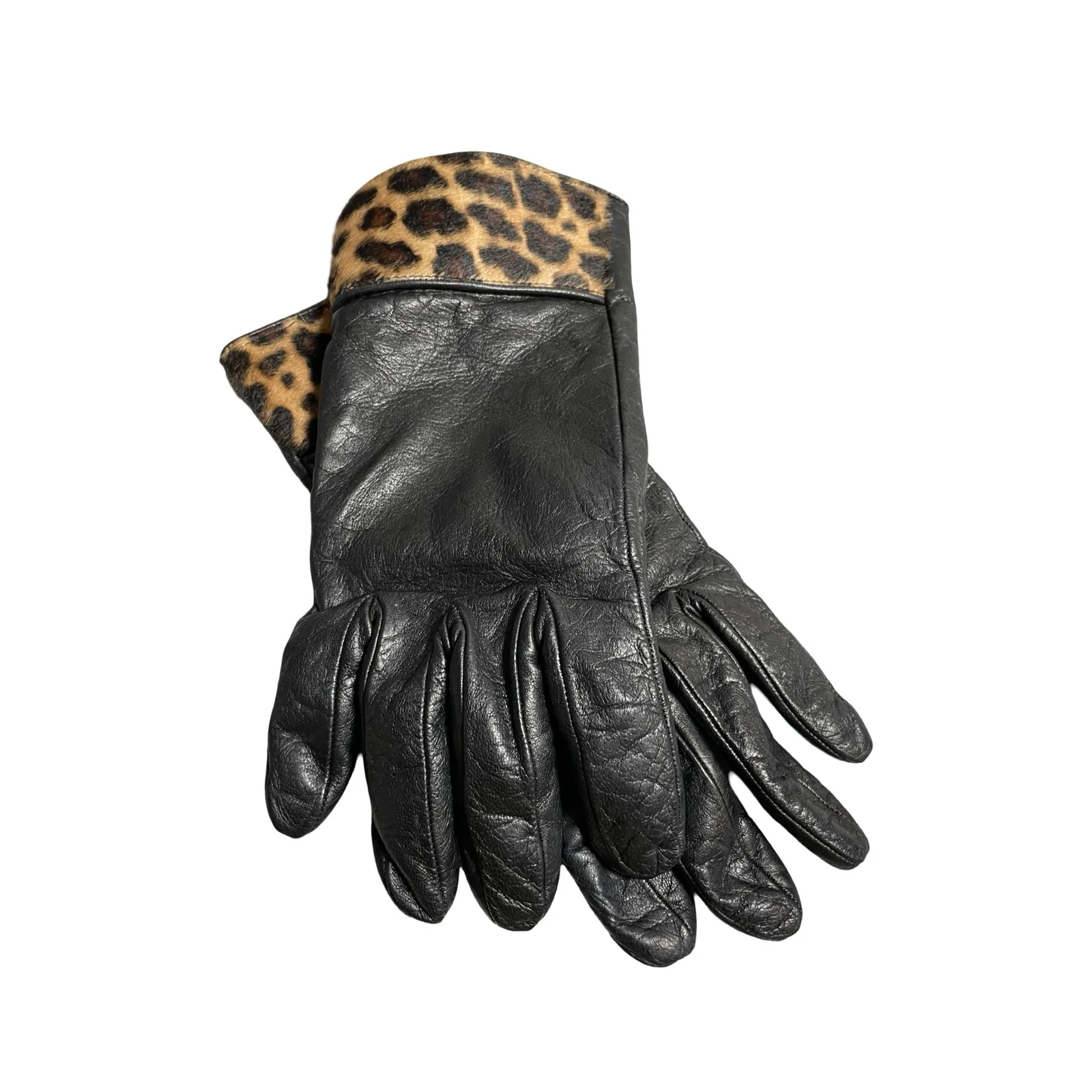 Portolano Women's Black 100% Leather Cashmere Leopard Faux Fur Gloves OS - Image 3