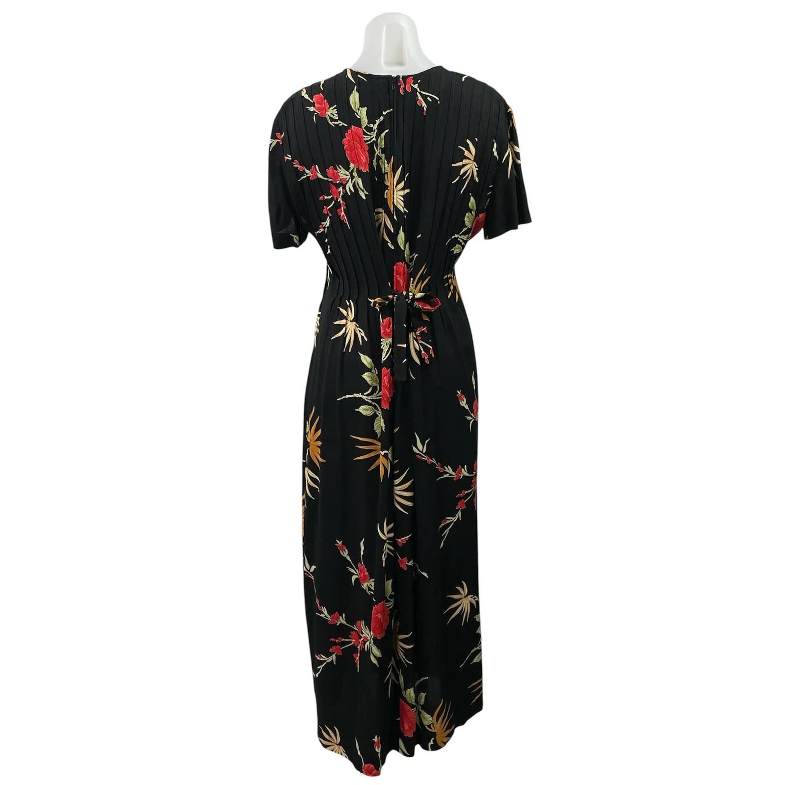 Positive Attitude Black Floral Short Sleeve Tie Pleated A Line Maxi Dress Sz 12 - Image 3