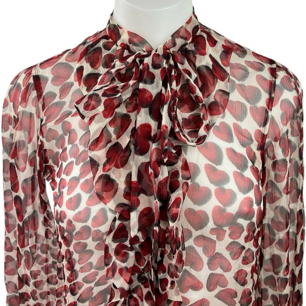 Prada Red White Heart Print Button Up Long Sleeve Ruffle Tie Neck Blouse Top S - Image 3