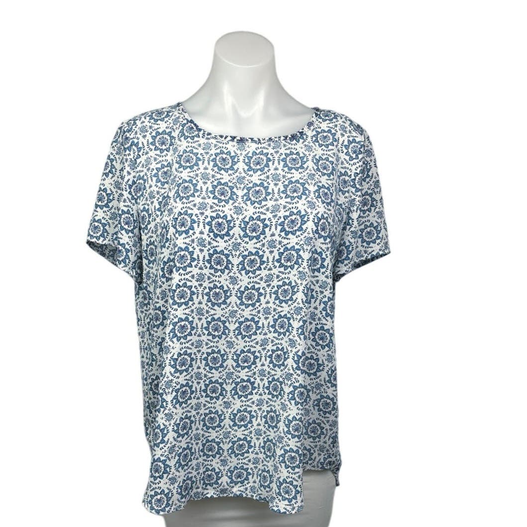Premise White Blue Paisley Floral Print Crew neck Short Sleeve Blouse Top Size L