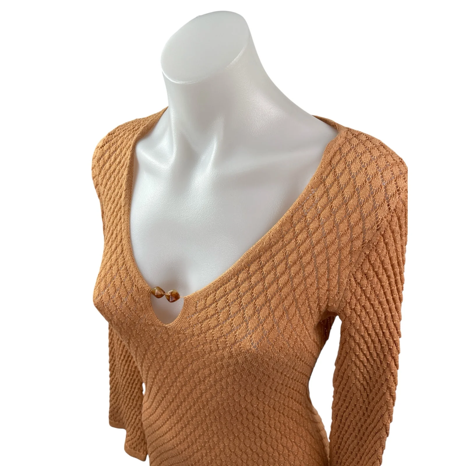 Pretty Lavish Gold Hardware Crochet Knit V Neck Maxi Bodycon Sweater Dress Sz S - Image 2