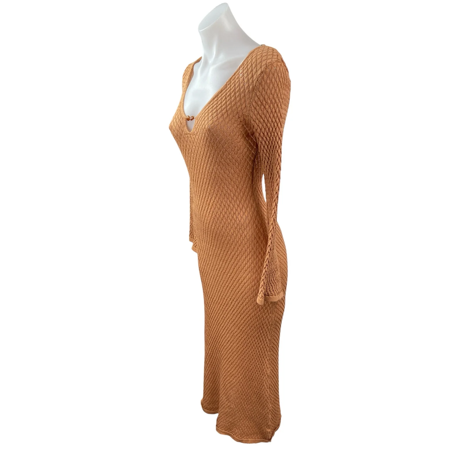 Pretty Lavish Gold Hardware Crochet Knit V Neck Maxi Bodycon Sweater Dress Sz S - Image 3