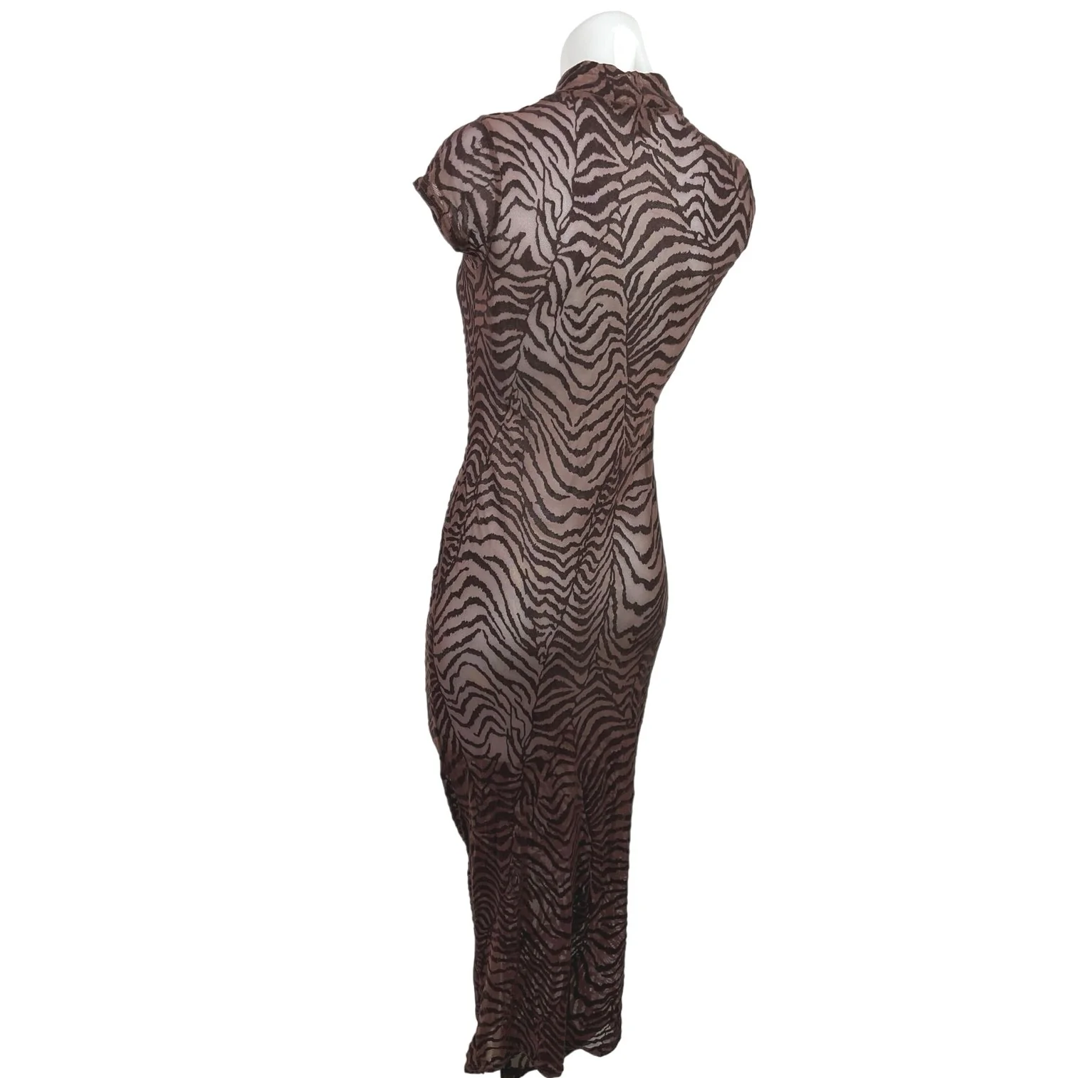 PrettyLittleThing Brown Mesh Zebra Print High Neck Ruched Maxi Bodycon Dress 4 - Image 2