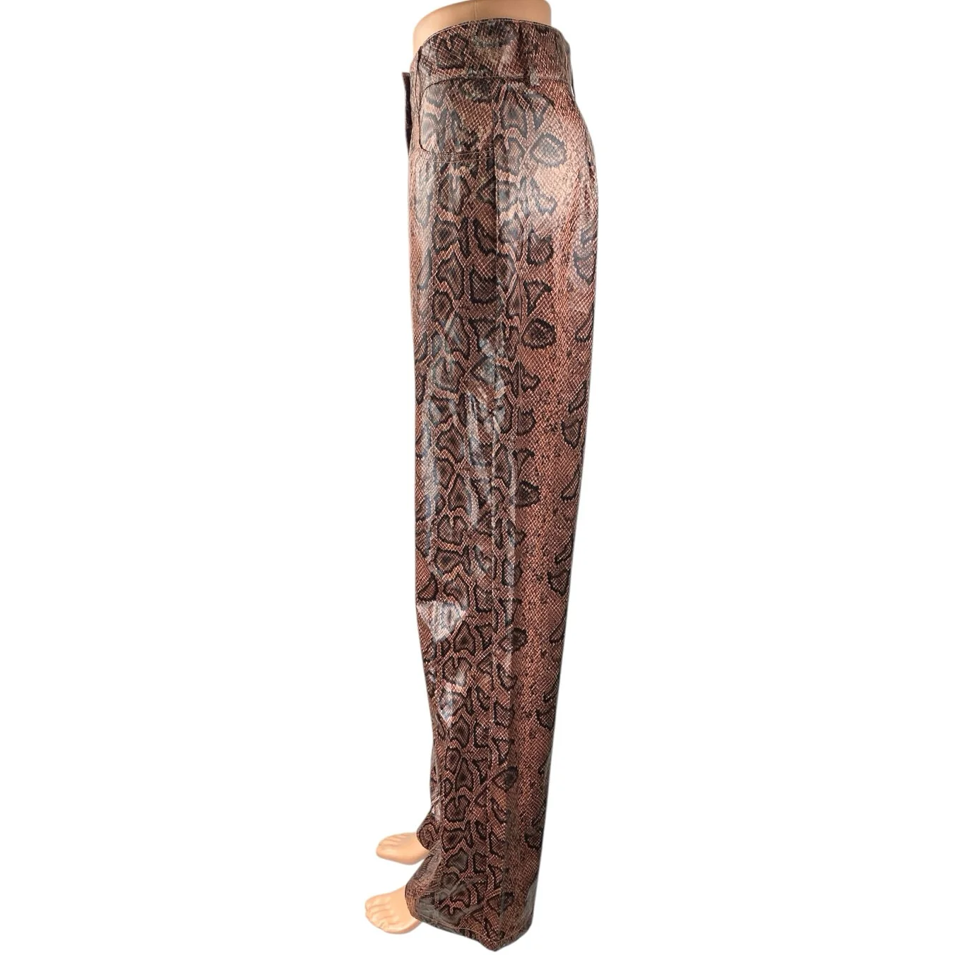 PrettyLittleThing Brown Snakeskin Leather Straight High Waisted Trousers Pants 4 - Image 2