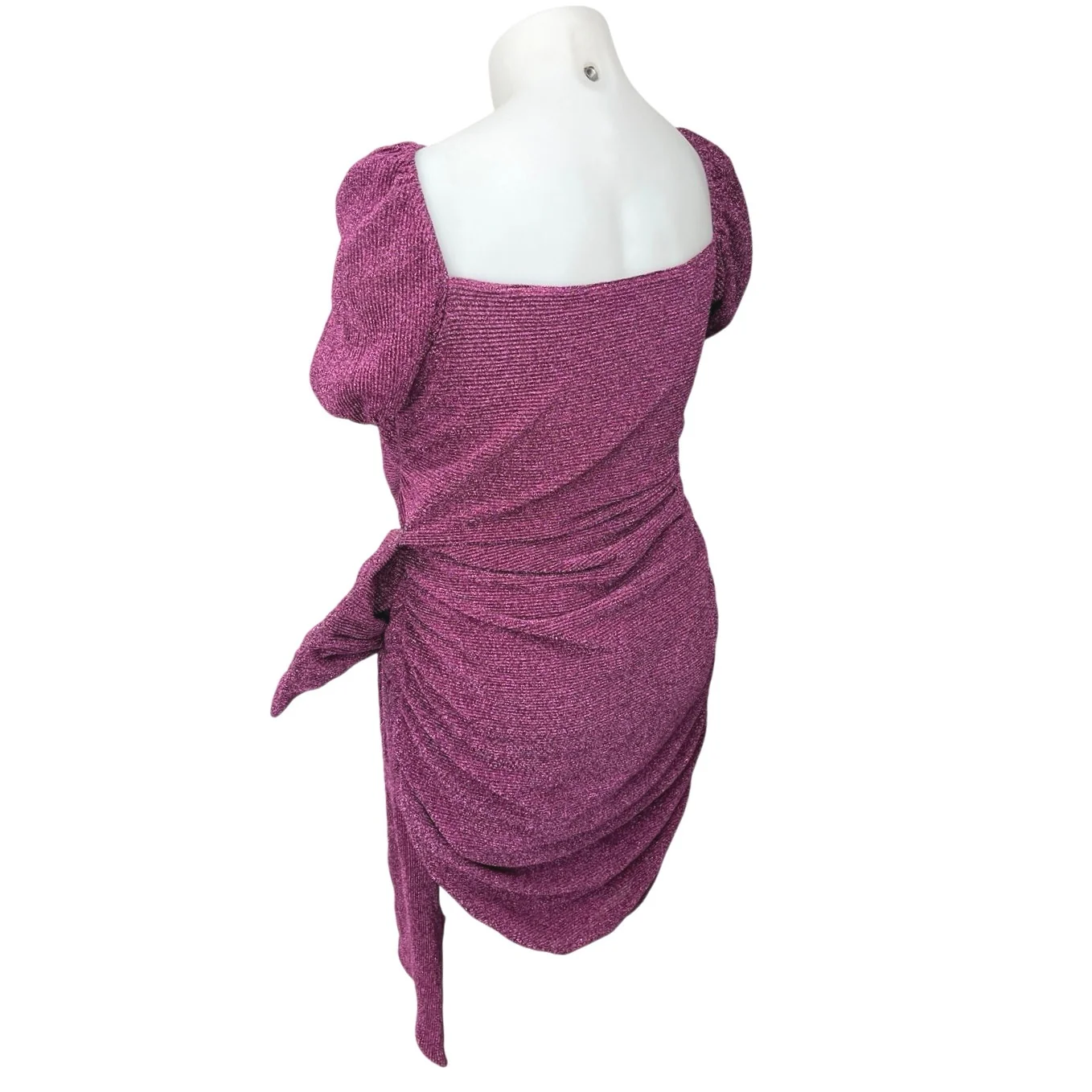 PrettyLittleThing Purple Metallic Sparkly Bow Tie Puff Sleeve Mini Dress Size 16 - Image 2