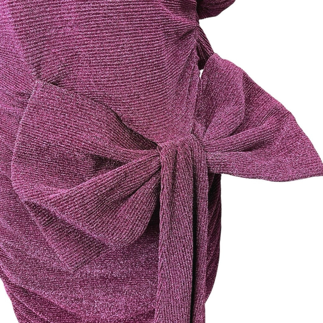 PrettyLittleThing Purple Metallic Sparkly Bow Tie Puff Sleeve Mini Dress Size 16 - Image 4