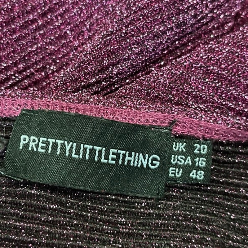 PrettyLittleThing Purple Metallic Sparkly Bow Tie Puff Sleeve Mini Dress Size 16 - Image 5
