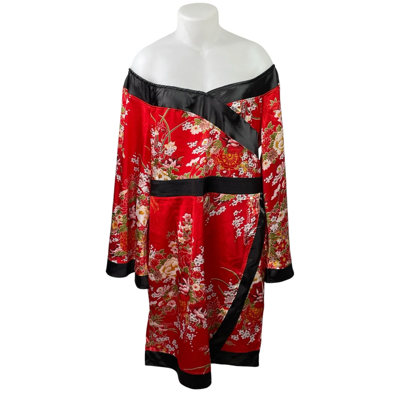 PrettyLittleThing Red Off Shoulder Floral Satin Long Sleeve Mini Kimono Dress 1X