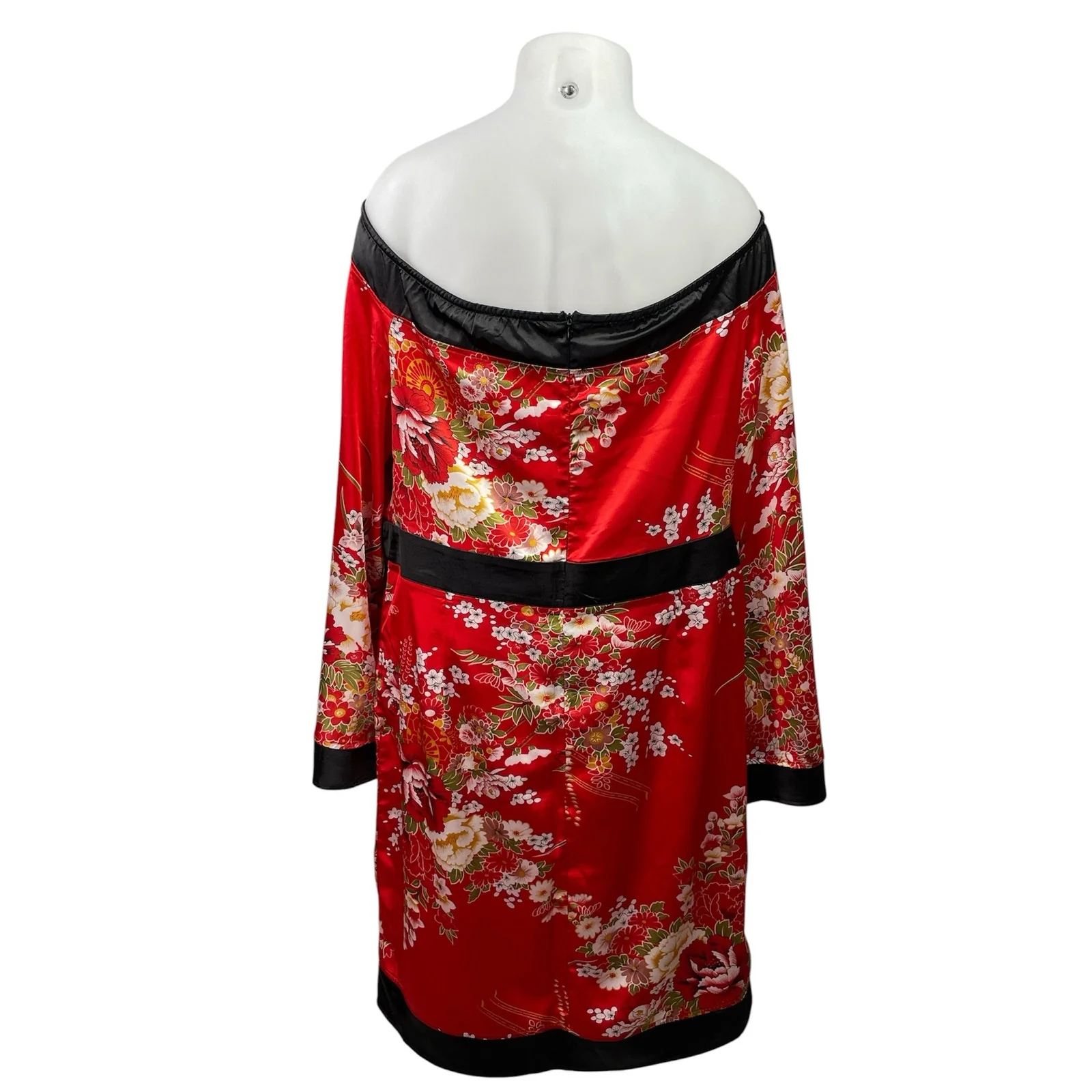 PrettyLittleThing Red Off Shoulder Floral Satin Long Sleeve Mini Kimono Dress 1X - Image 3