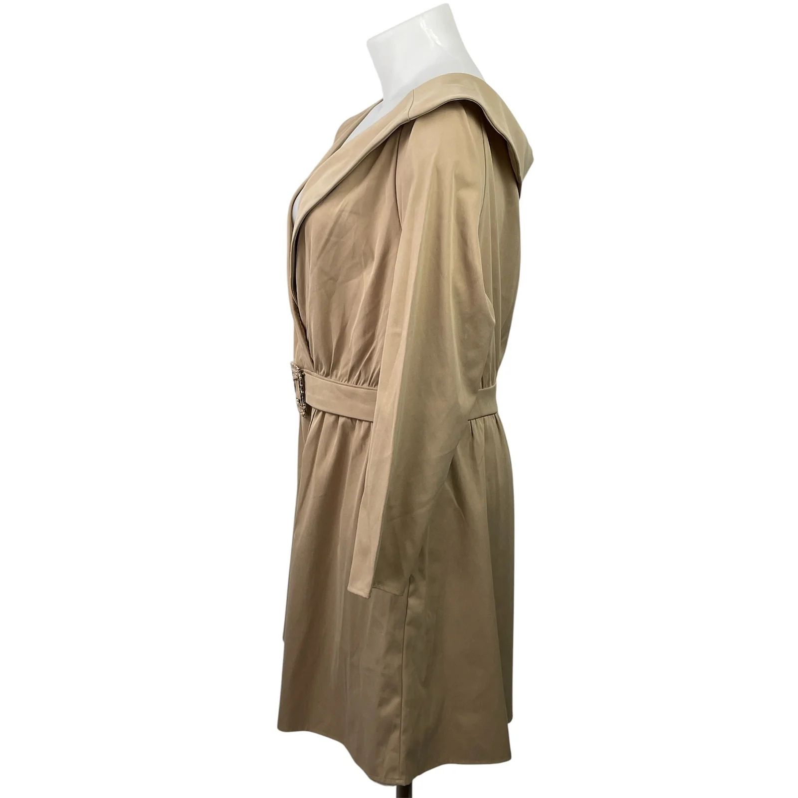 PrettyLittleThing Tan Camel Bardot Belt V Neck Long Sleeve Mini Shift Dress 16 - Image 2