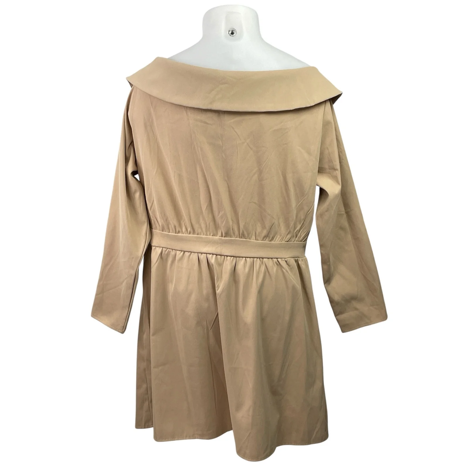 PrettyLittleThing Tan Camel Bardot Belt V Neck Long Sleeve Mini Shift Dress 16 - Image 3