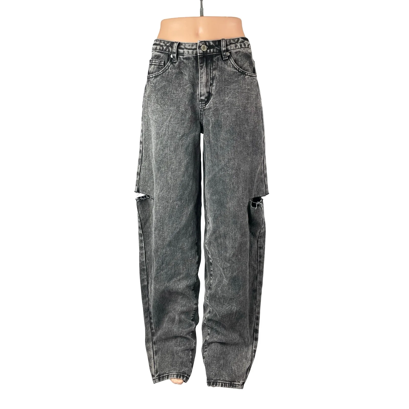PrettyLittleThing Women's Black Washed Distressed Wide Leg Baggy Denim Jeans 4