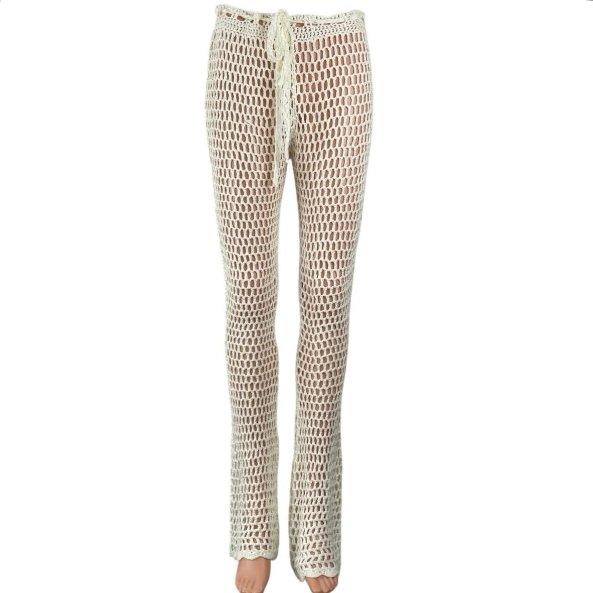 Primi Cream Crochet Mesh High Waisted Summer Swimming Cover Up Trousers Pants M