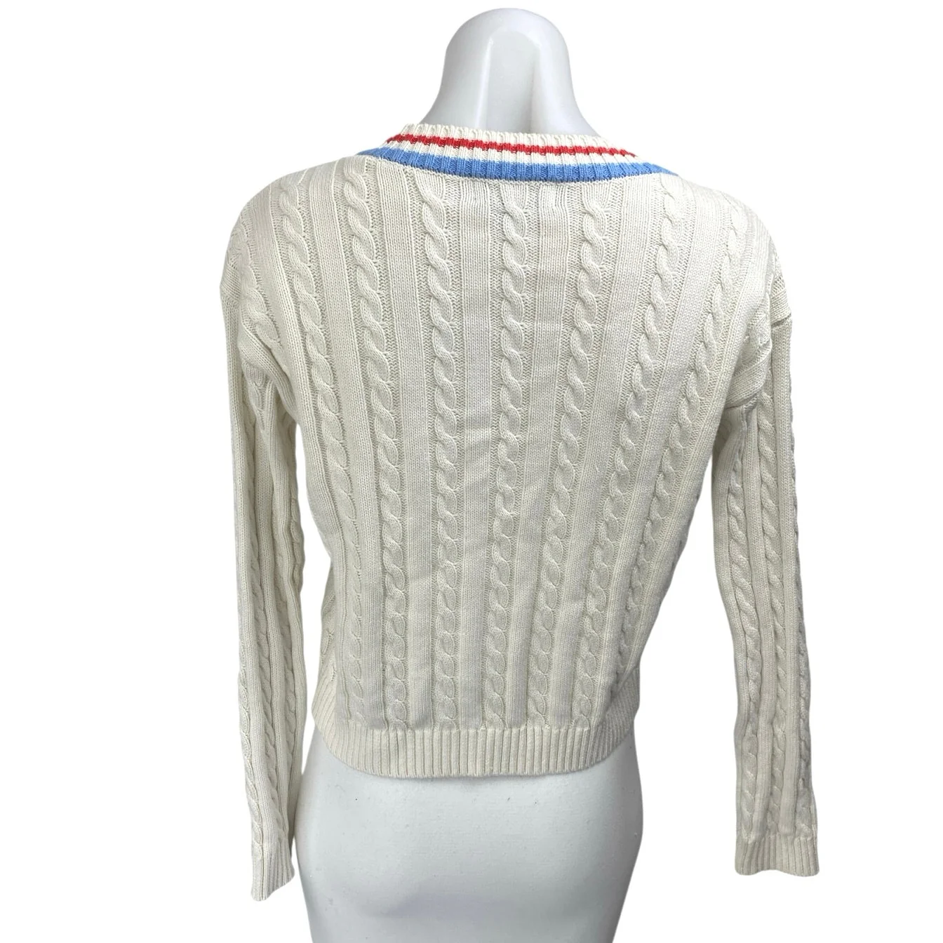 Prince White Cable Knit Striped Long Sleeve Button Up Cardigan Sweater Top XS - Image 2