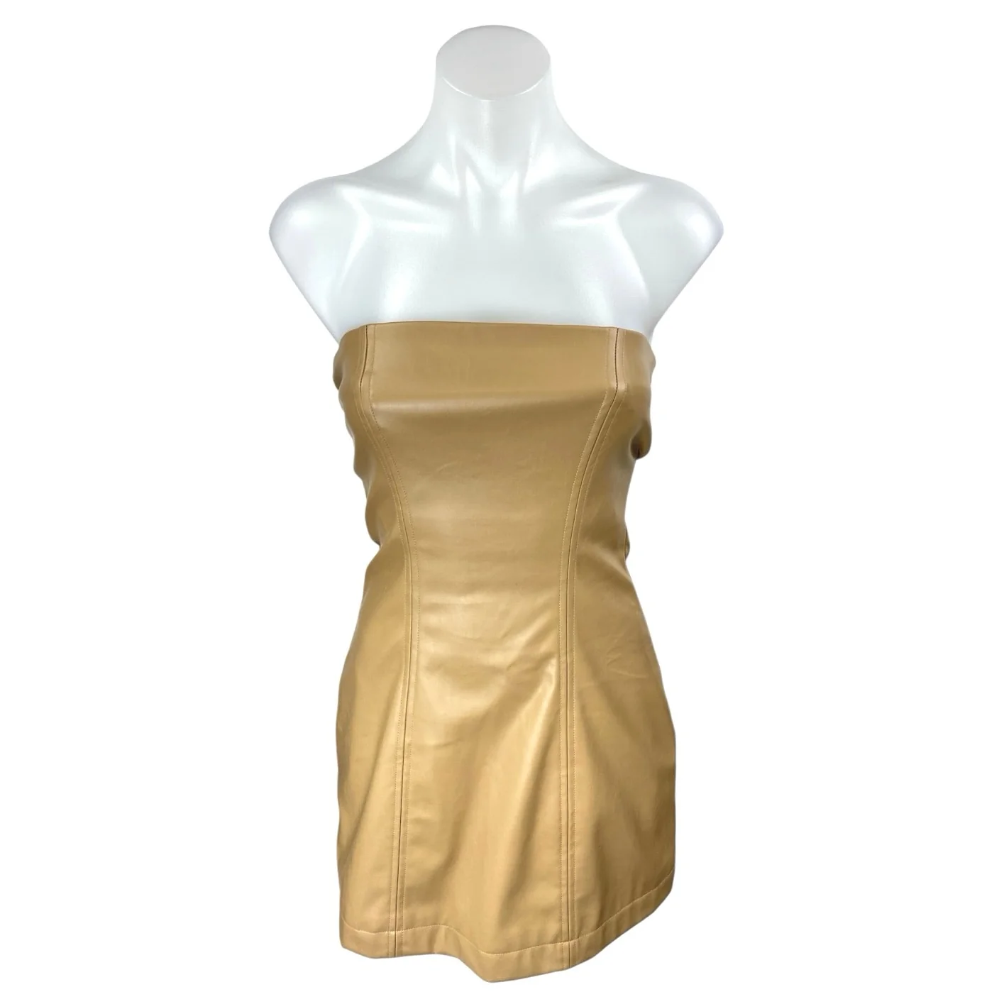 Princess Polly Beige Tan Faux Leather Vegan Bandeau Tube Sheath Mini Dress 2