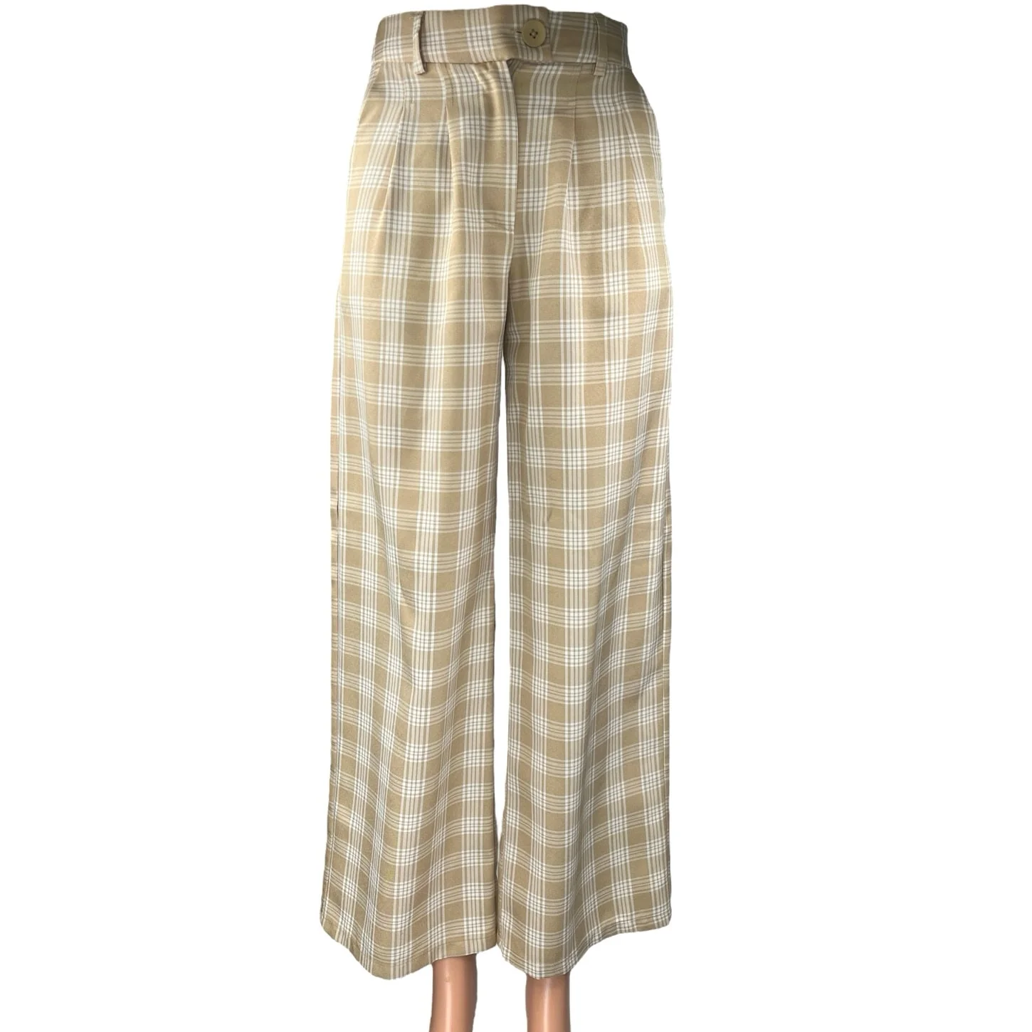 Princess Polly Beige White Plaid Pleated Wide Leg Trouser Casual Pants Size 0