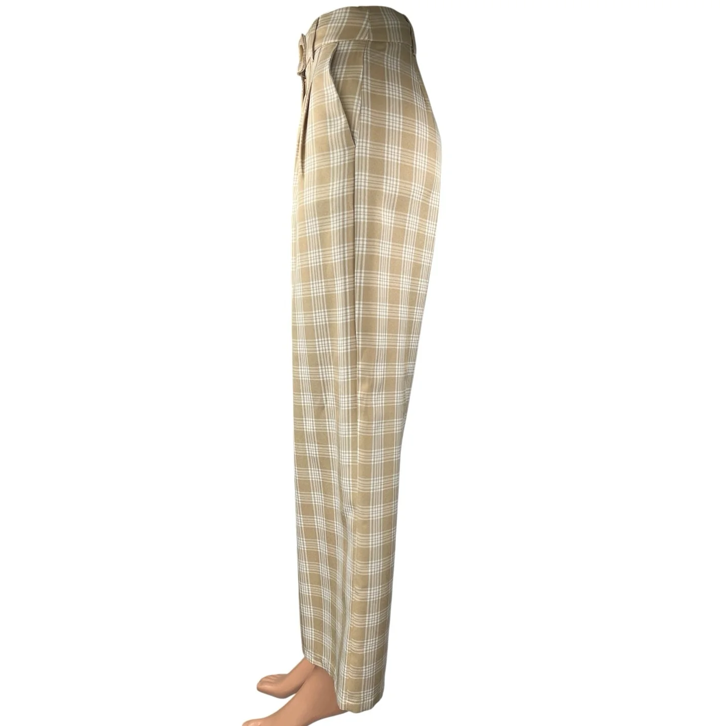 Princess Polly Beige White Plaid Pleated Wide Leg Trouser Casual Pants Size 0 - Image 2