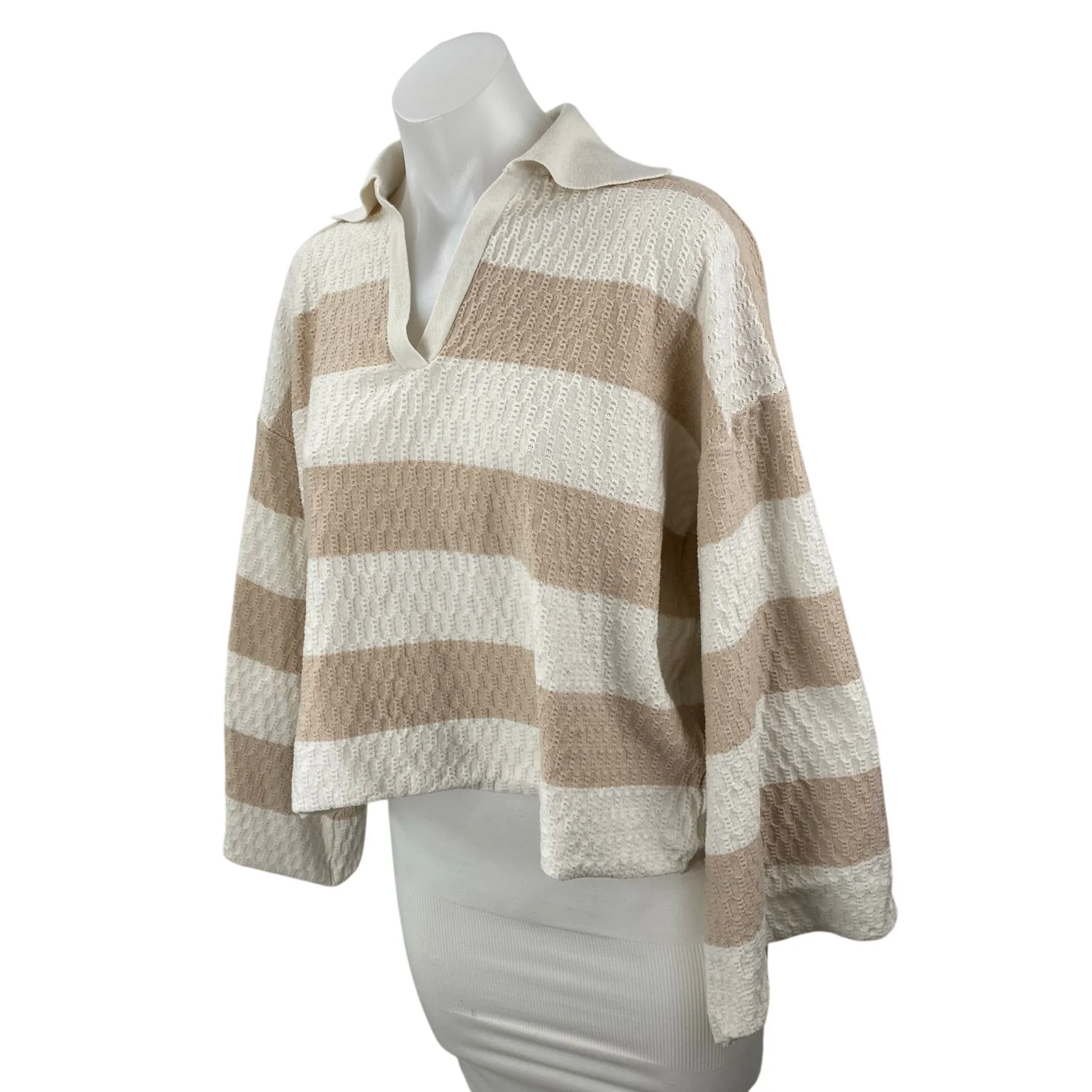 Princess Polly Beige White Striped Textured Knit Long Sleeve Polo Sweater Top 4 - Image 3