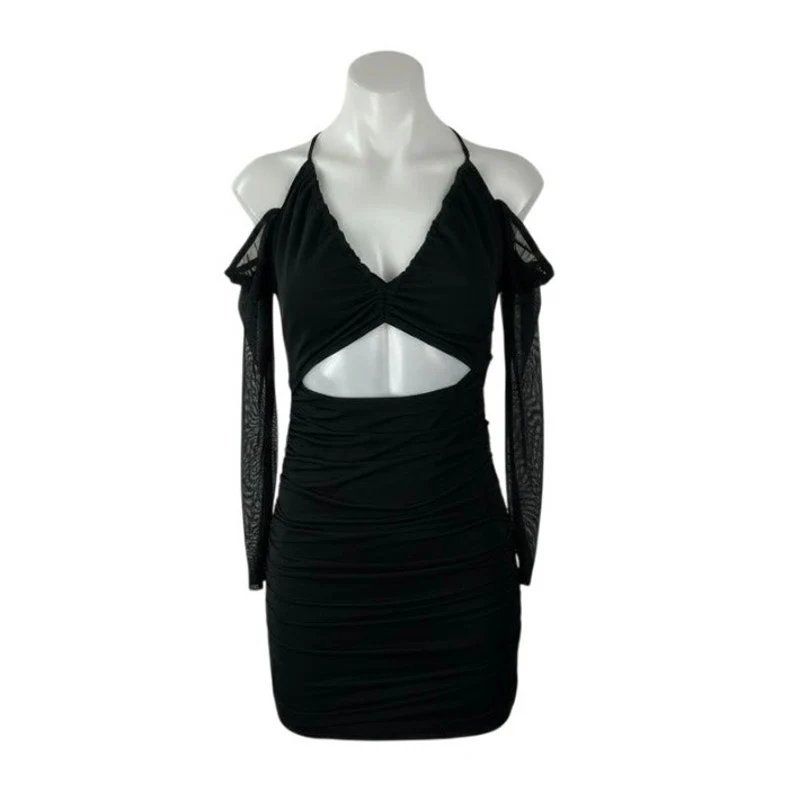 Princess Polly Black Cold Shoulder Long Sleeve Cutout Mini Bodycon Dress Size 4