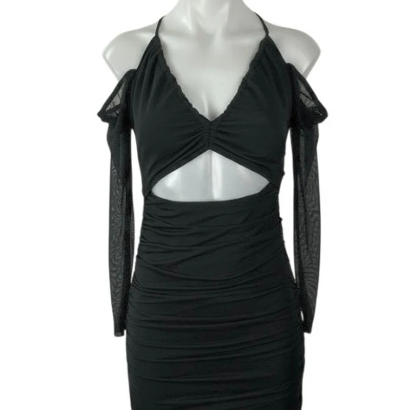 Princess Polly Black Cold Shoulder Long Sleeve Cutout Mini Bodycon Dress Size 4 - Image 4