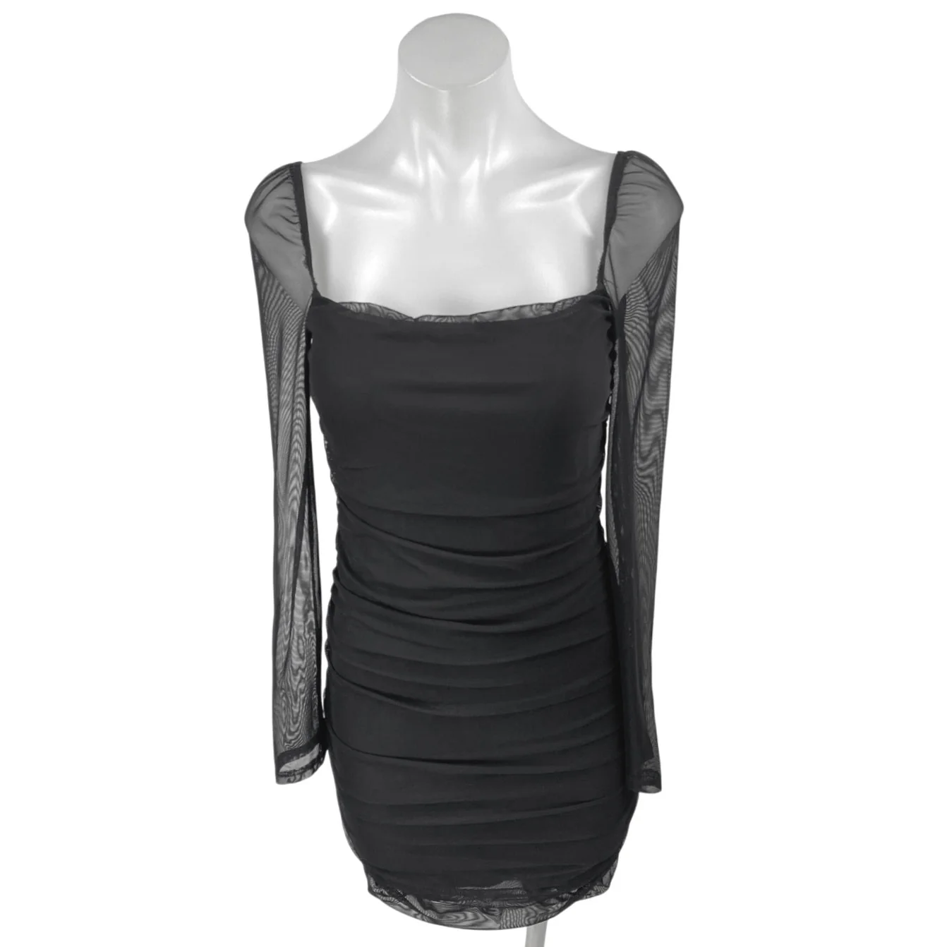 Princess Polly Black Long Sleeve Mesh Ruched Stretch Mini Bodycon Dress Size 6