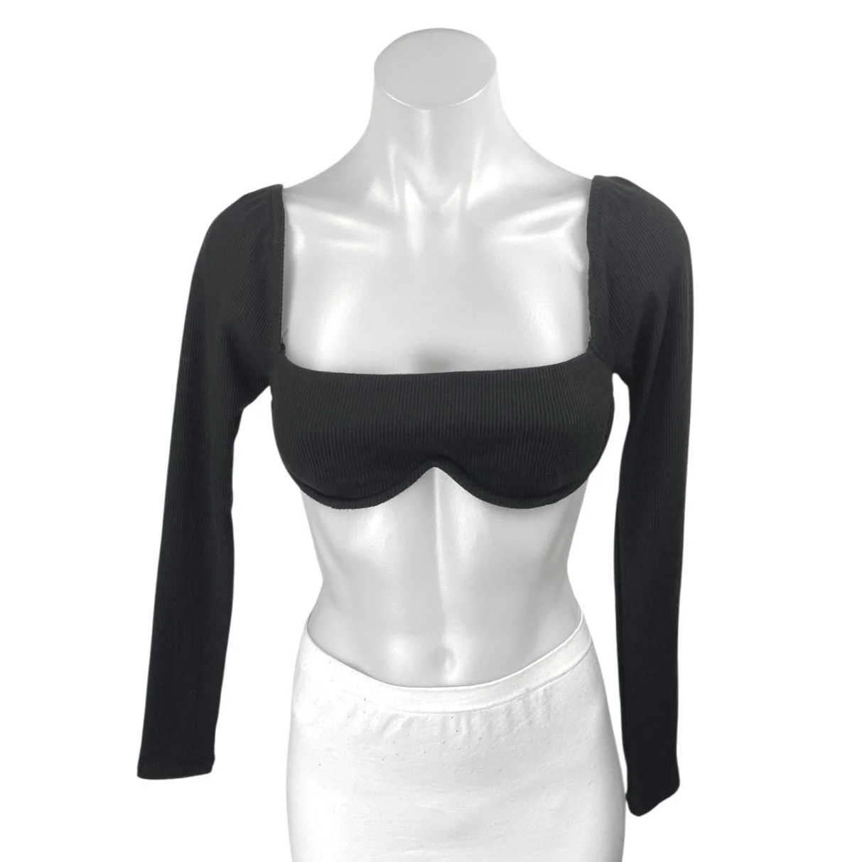 Princess Polly Black Long Sleeve Ribbed Knit Underwire Bandeau Crop Top Size 2