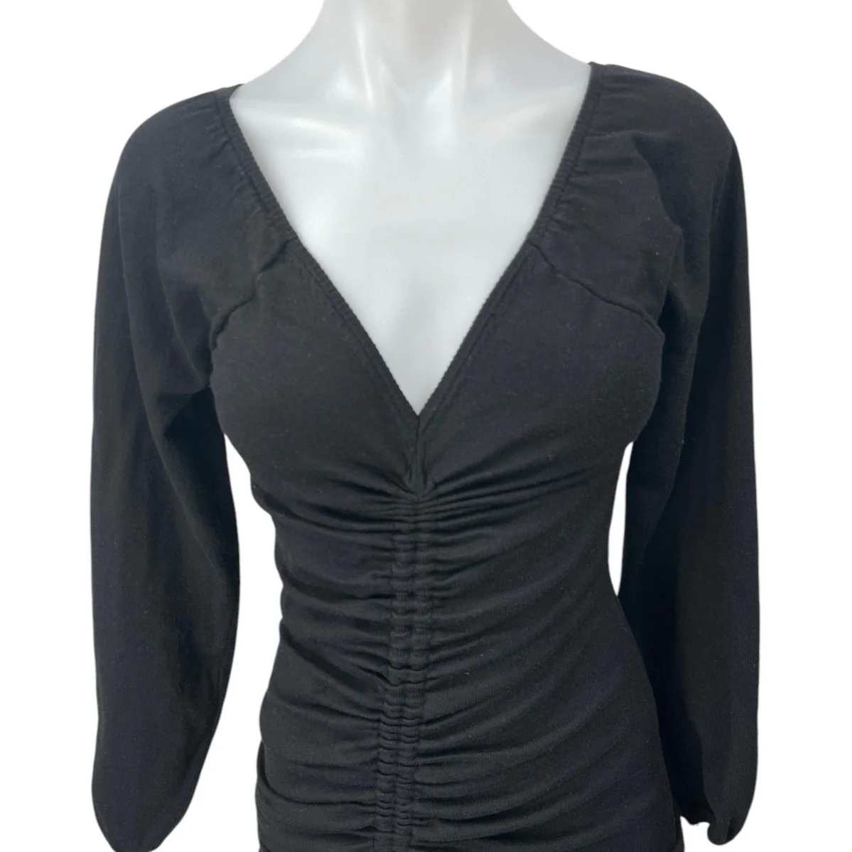 Princess Polly Black Ruched Long Sleeve Deep V Neck Mini Bodycon Dress Size XS/S - Image 3