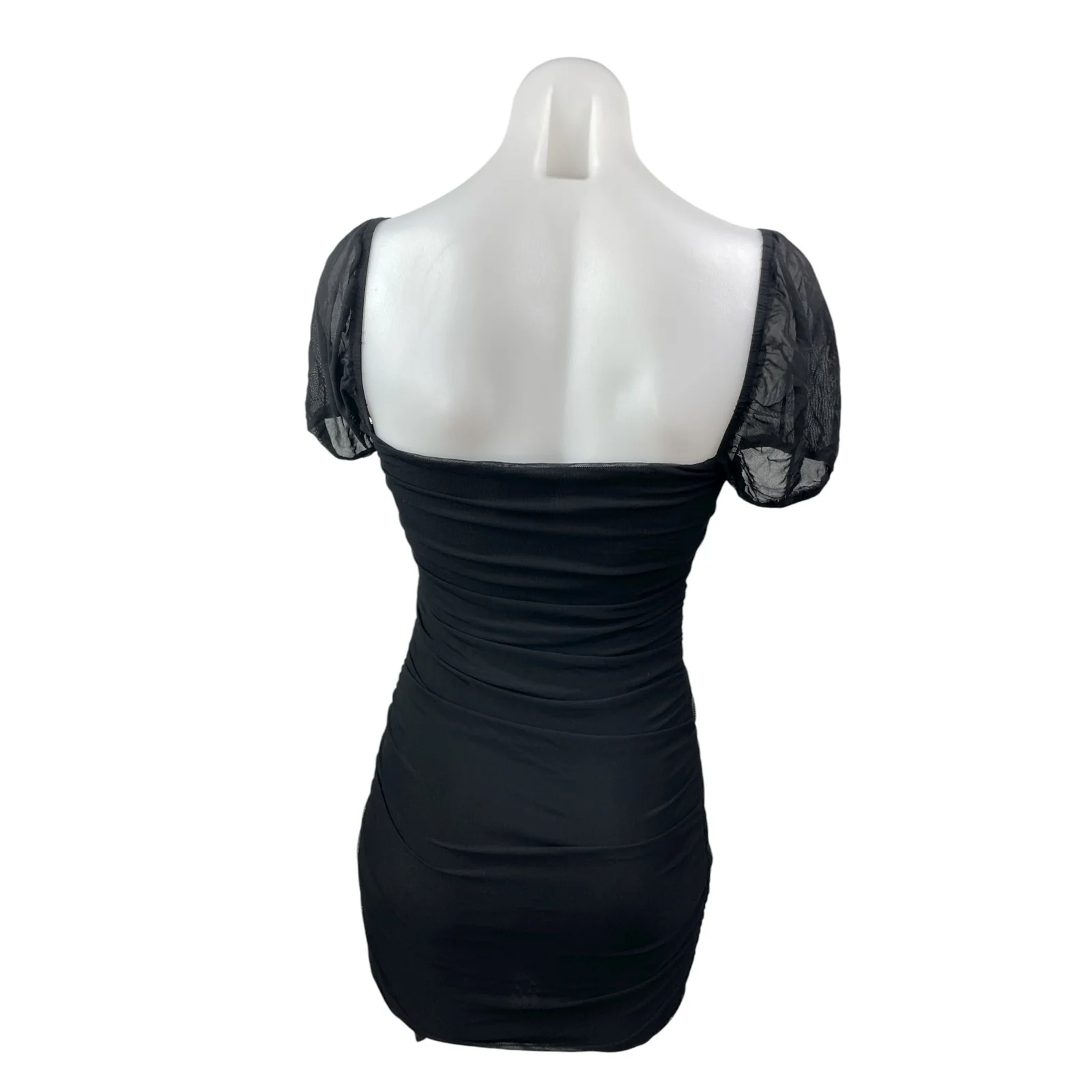 Princess Polly Black Short Puff Sleeve Mesh Square Neck Ruched Bodycon Dress S - Image 3