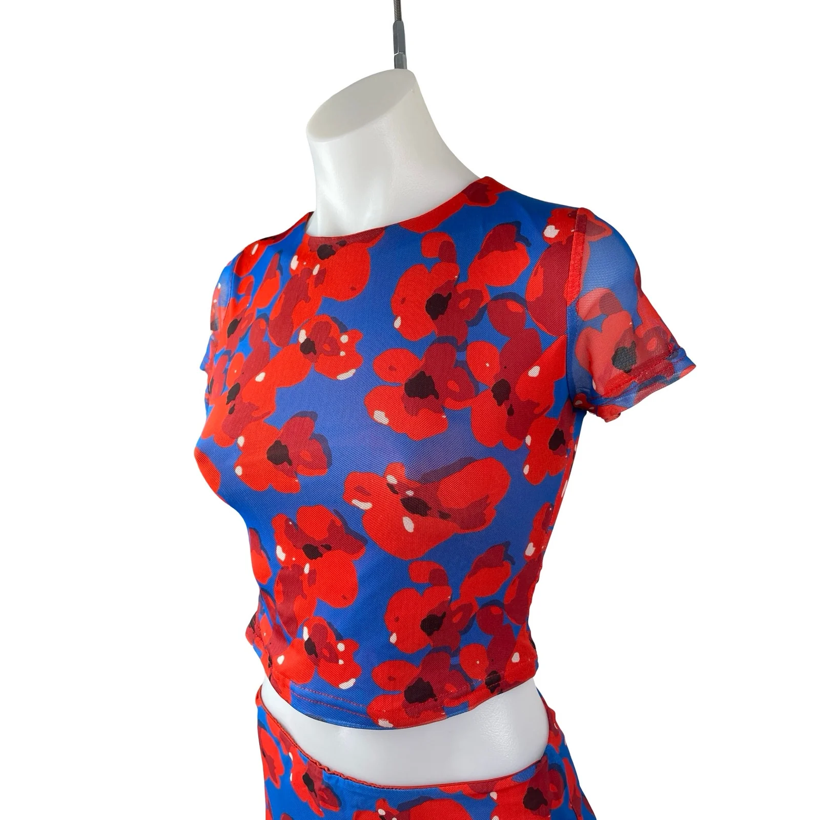 Princess Polly Blue Red Floral Short Sleeve Crop Top Slit Mini Skirt 2 Pc Set 4 - Image 3