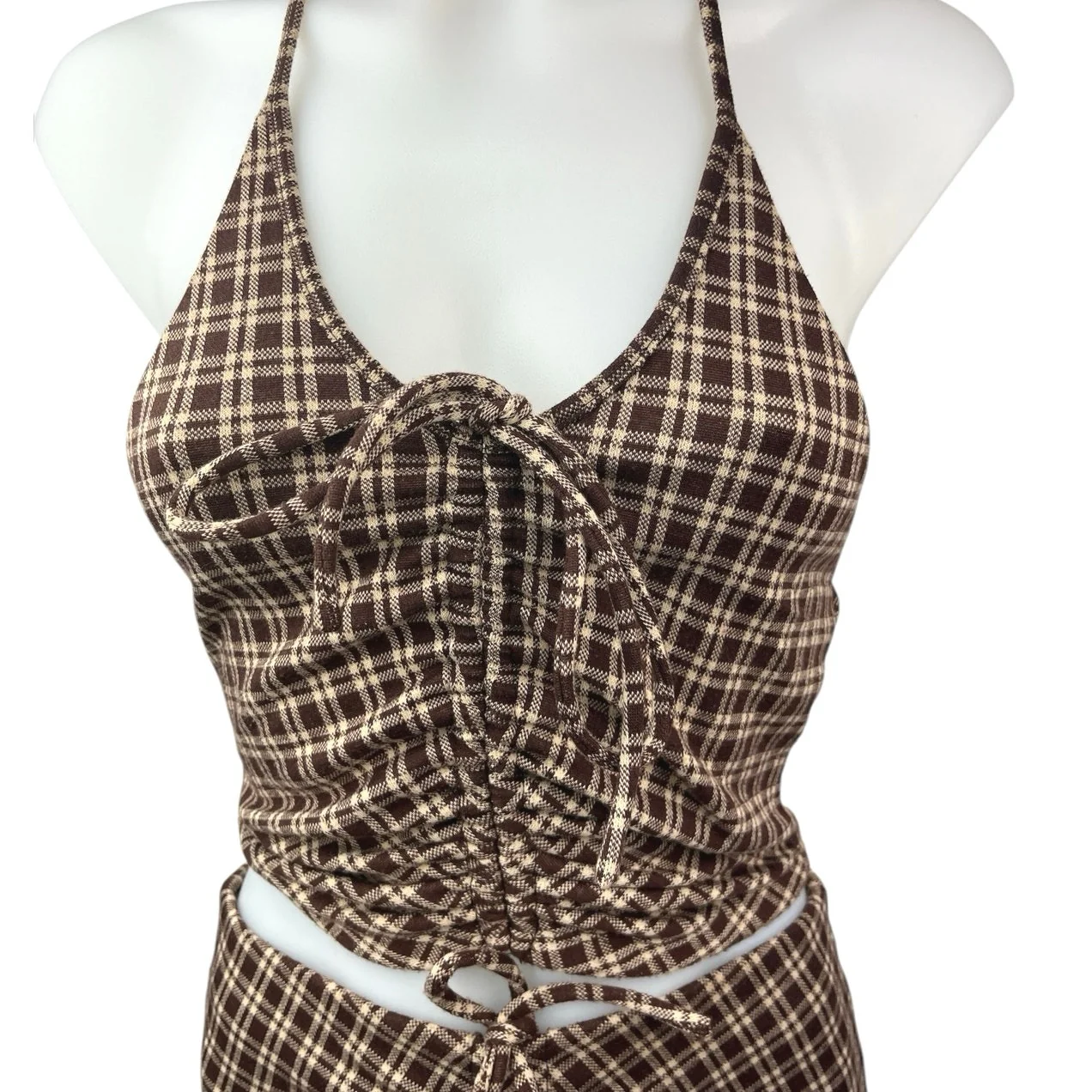 Princess Polly Brown Plaid Checkered Halter Crop Top & Bell Bottom Pants Set 0 - Image 3