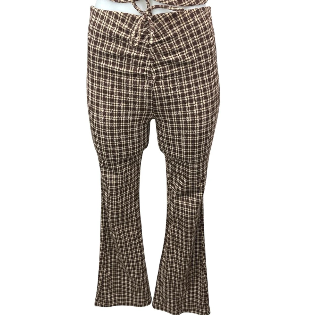 Princess Polly Brown Plaid Checkered Halter Crop Top & Bell Bottom Pants Set 0 - Image 4