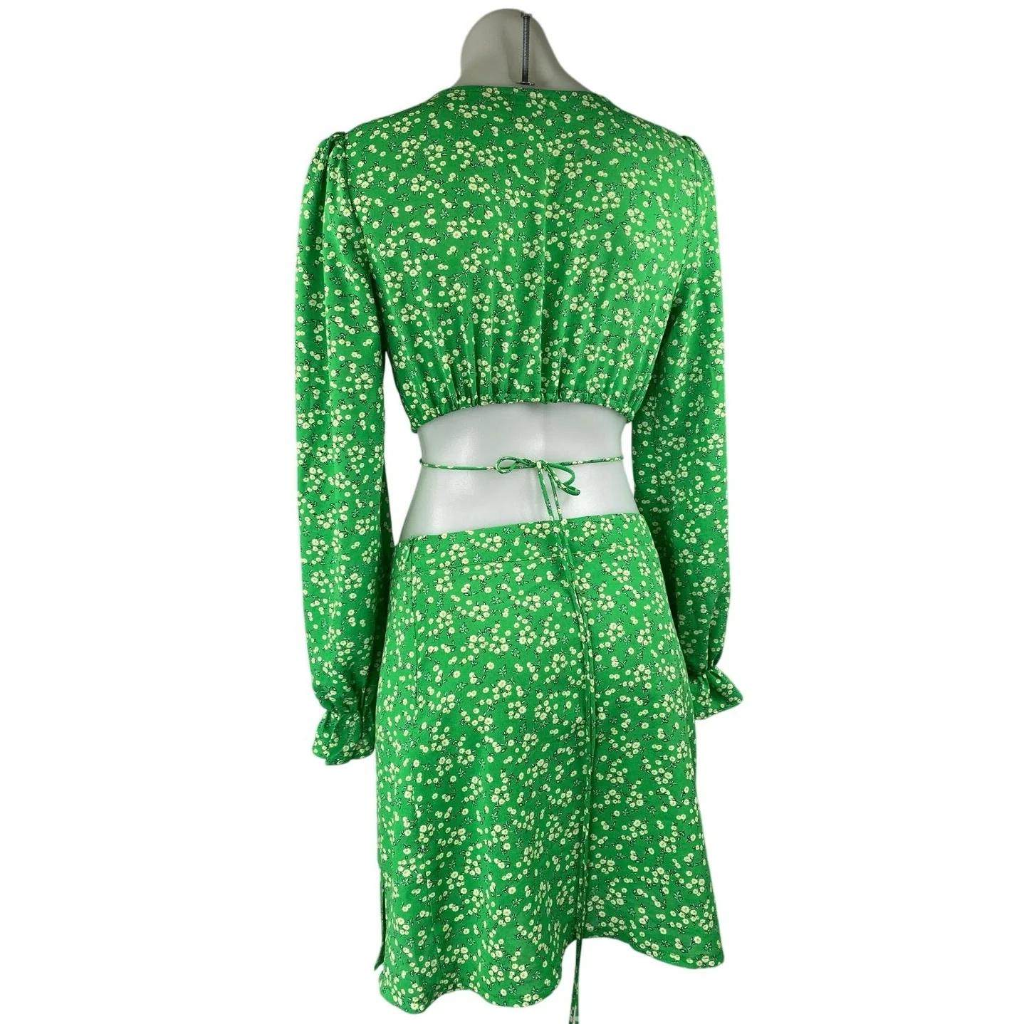 Princess Polly Charlie Green Floral Deep V Neck  Wrap Top Mini Flare Skirt Set 4 - Image 2