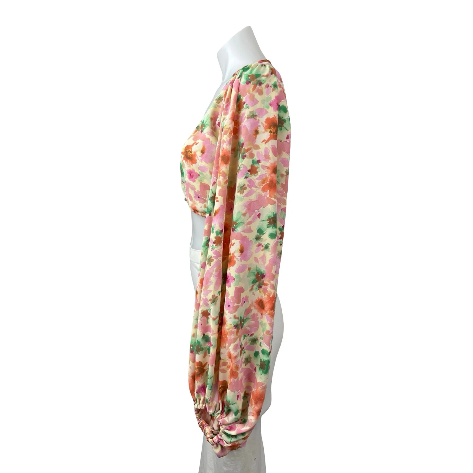 Princess Polly Coral Floral Long Sleeve Deep V Neck Plunge Blouse Crop Top Sz 6 - Image 2