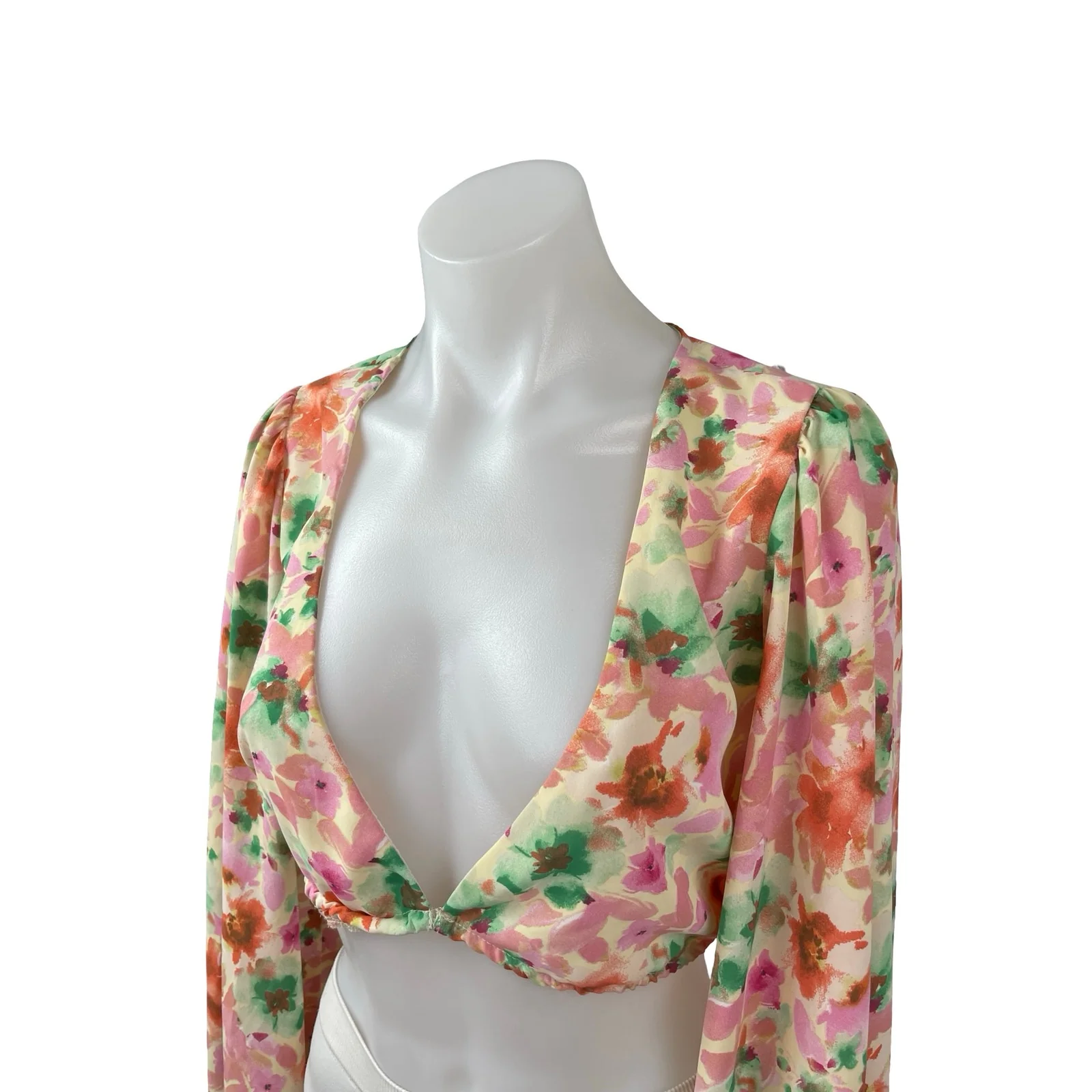 Princess Polly Coral Floral Long Sleeve Deep V Neck Plunge Blouse Crop Top Sz 6 - Image 3