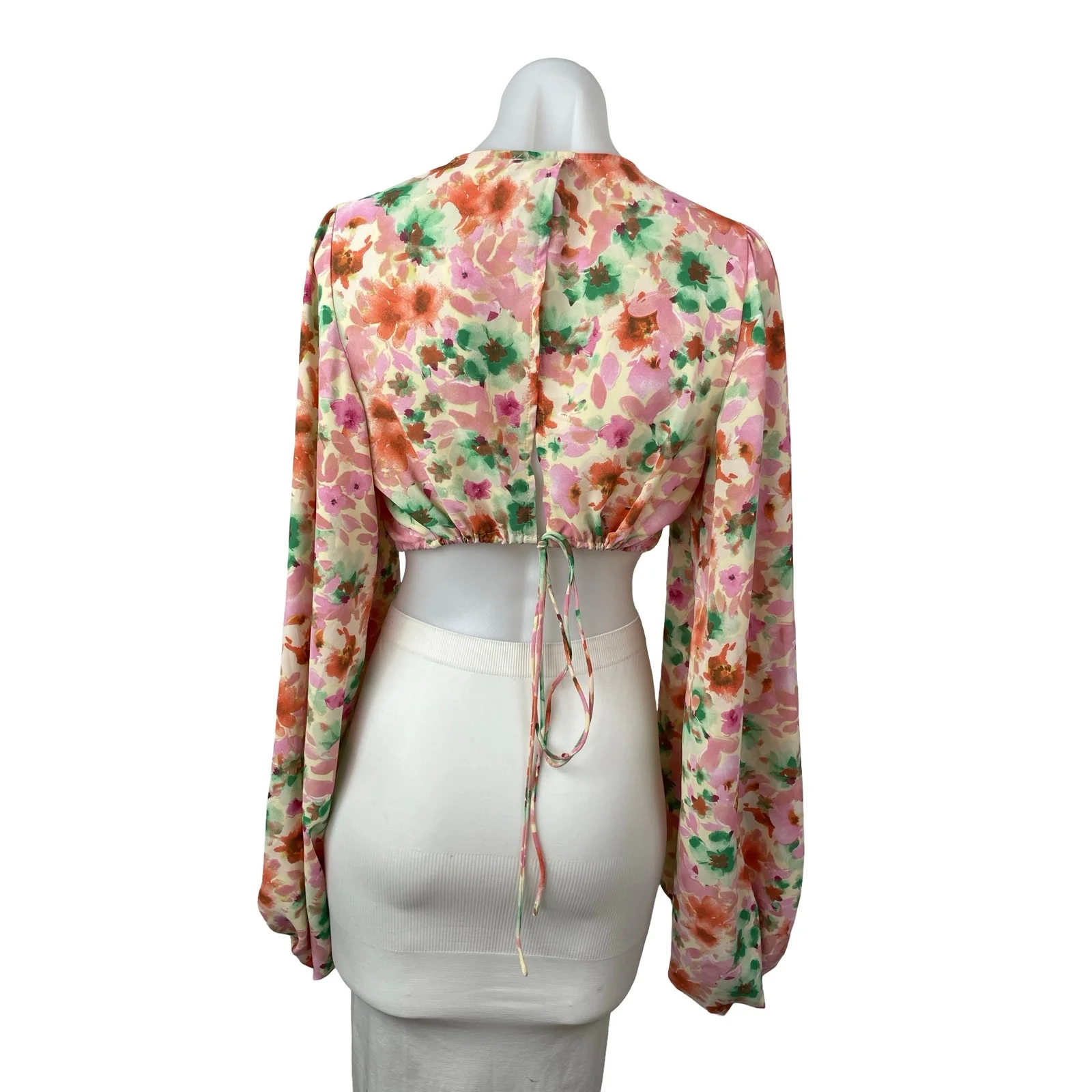 Princess Polly Coral Floral Long Sleeve Deep V Neck Plunge Blouse Crop Top Sz 6 - Image 4