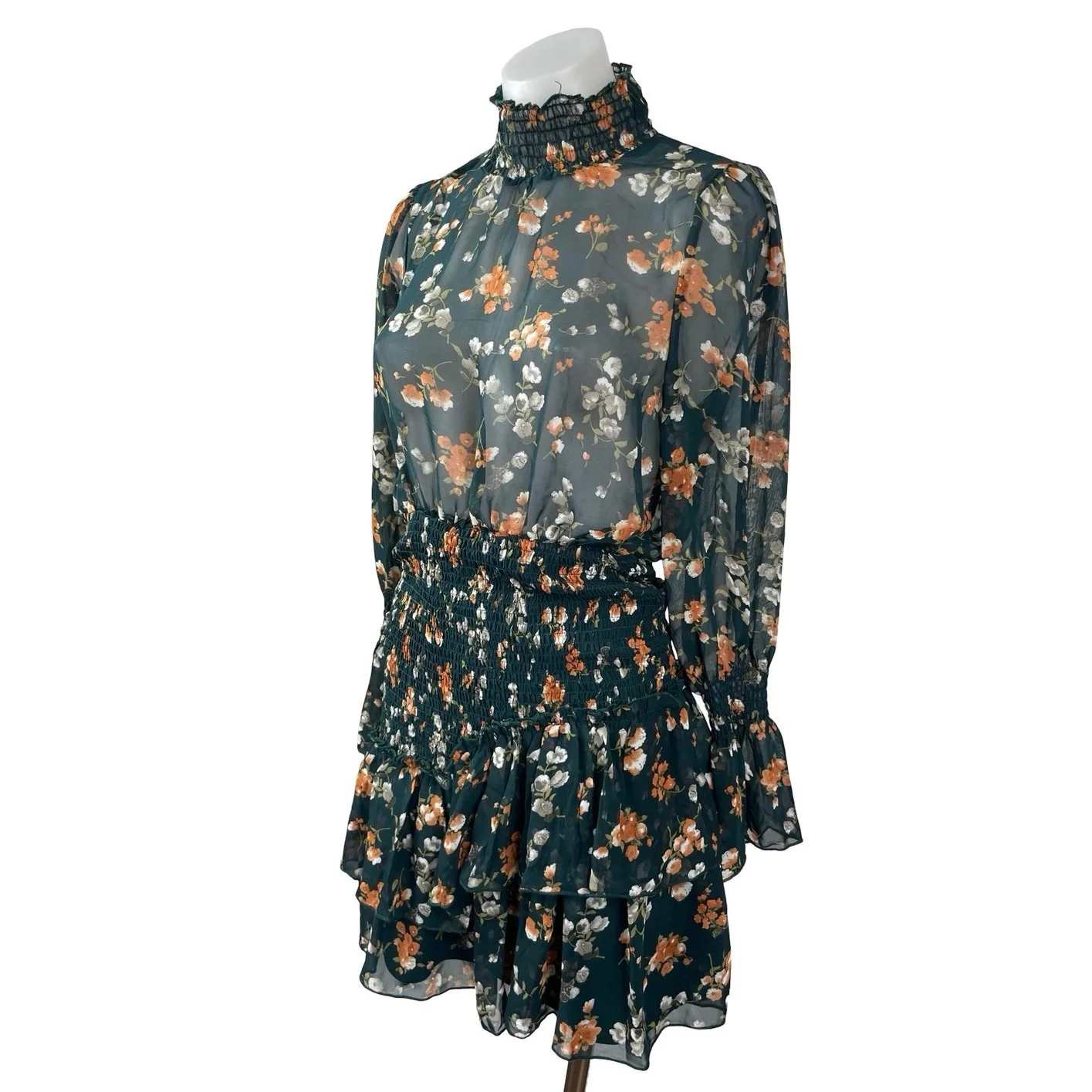 Princess Polly Evening Bloom Green Semi Sheer Ruffled Tiered Floral Mini Dress 6 - Image 2