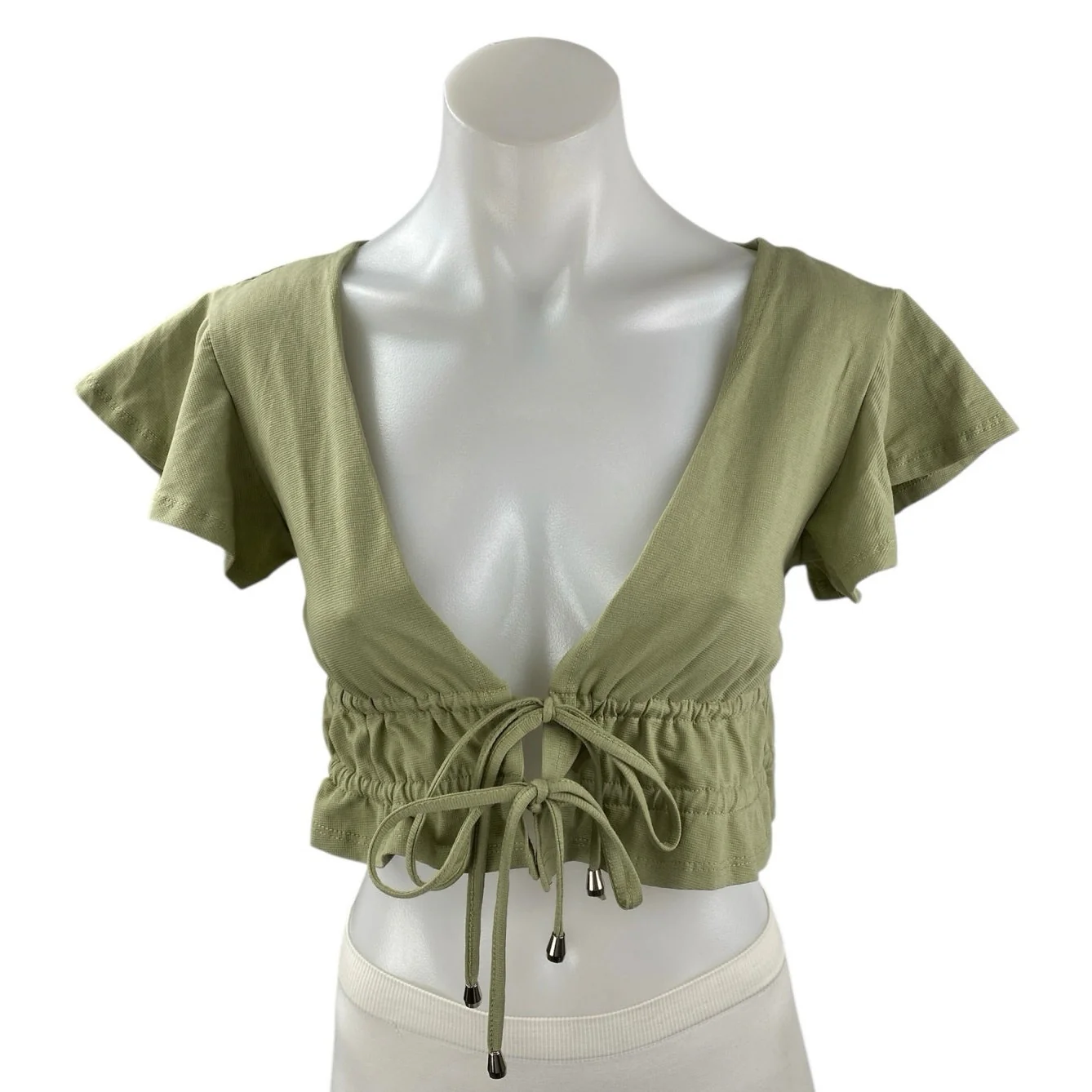 Princess Polly Green Short Sleeve Deep V Neck Tie Ruffle Blouse Crop Top Size 2
