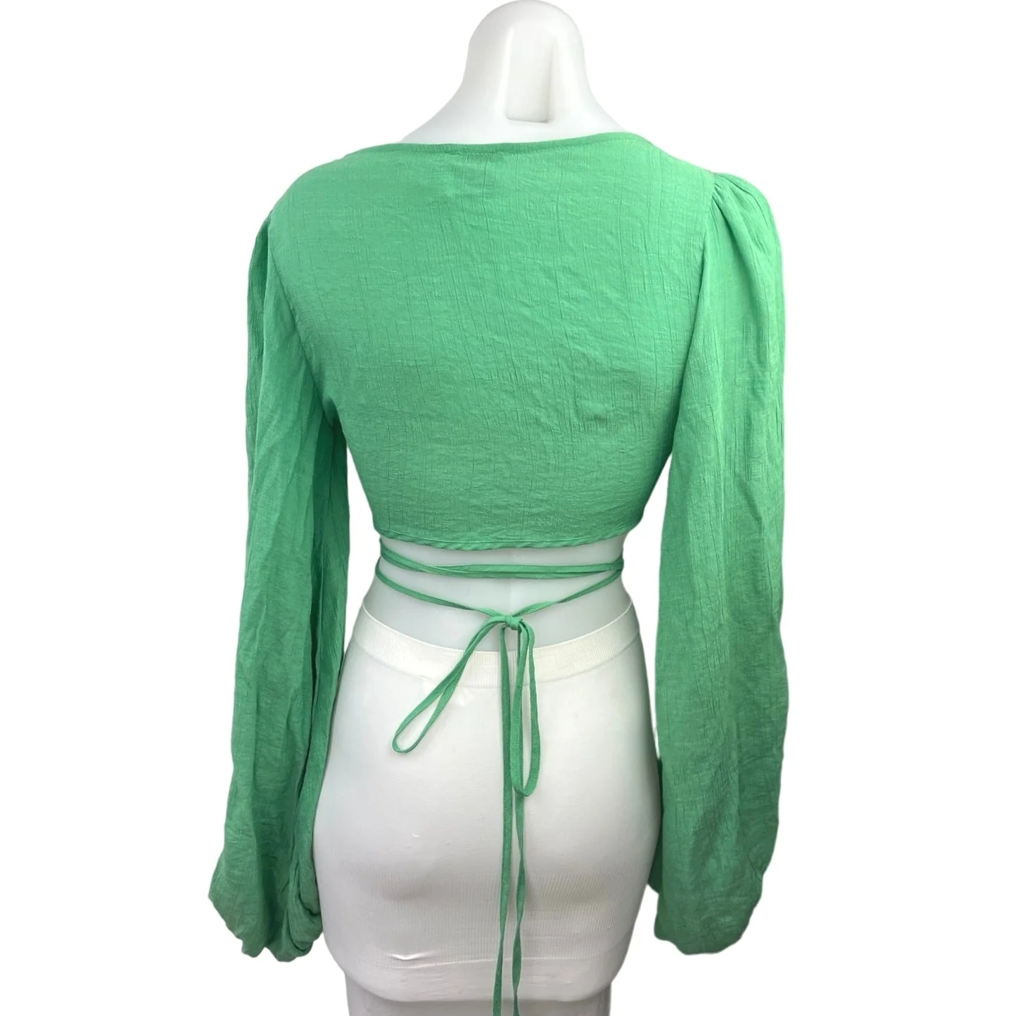 Princess Polly Green V-neck Wrap Style Tie Waist Balloon Sleeve Beach Crop Top 4 - Image 2