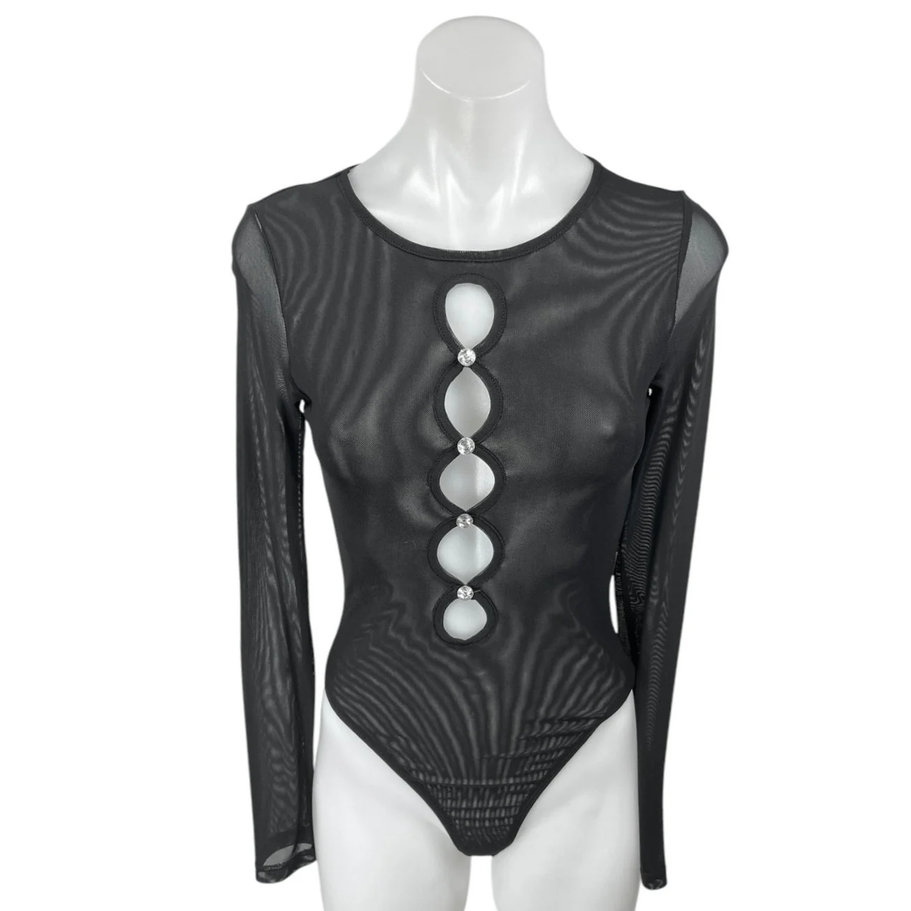 Princess Polly Harlee Black Long Sleeve Jeweled Cutout Mesh Sheer Bodysuit Top 6