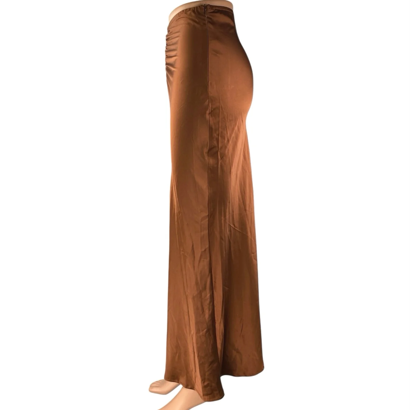 Princess Polly Jones Brown Silk Satin Ruched Slim Side Zip Maxi A-Line Skirt 2 - Image 2