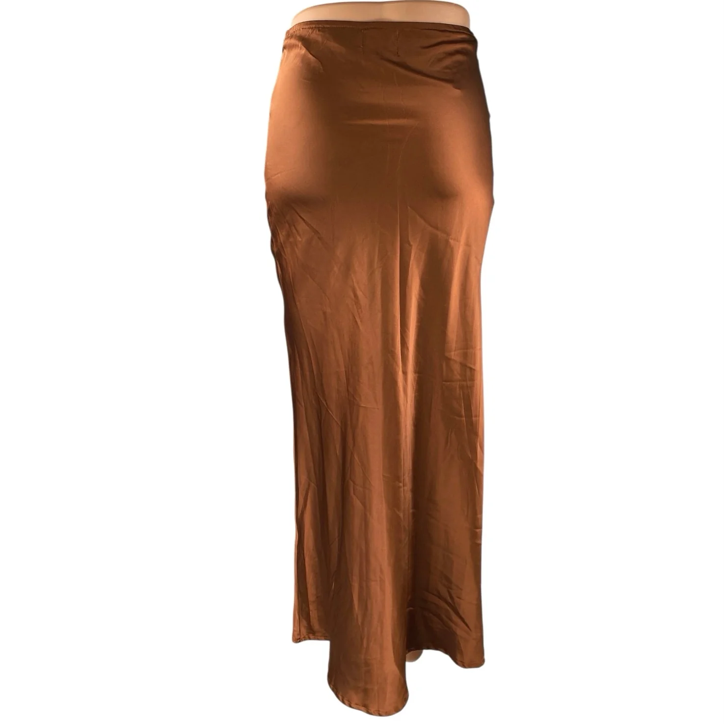 Princess Polly Jones Brown Silk Satin Ruched Slim Side Zip Maxi A-Line Skirt 2 - Image 3